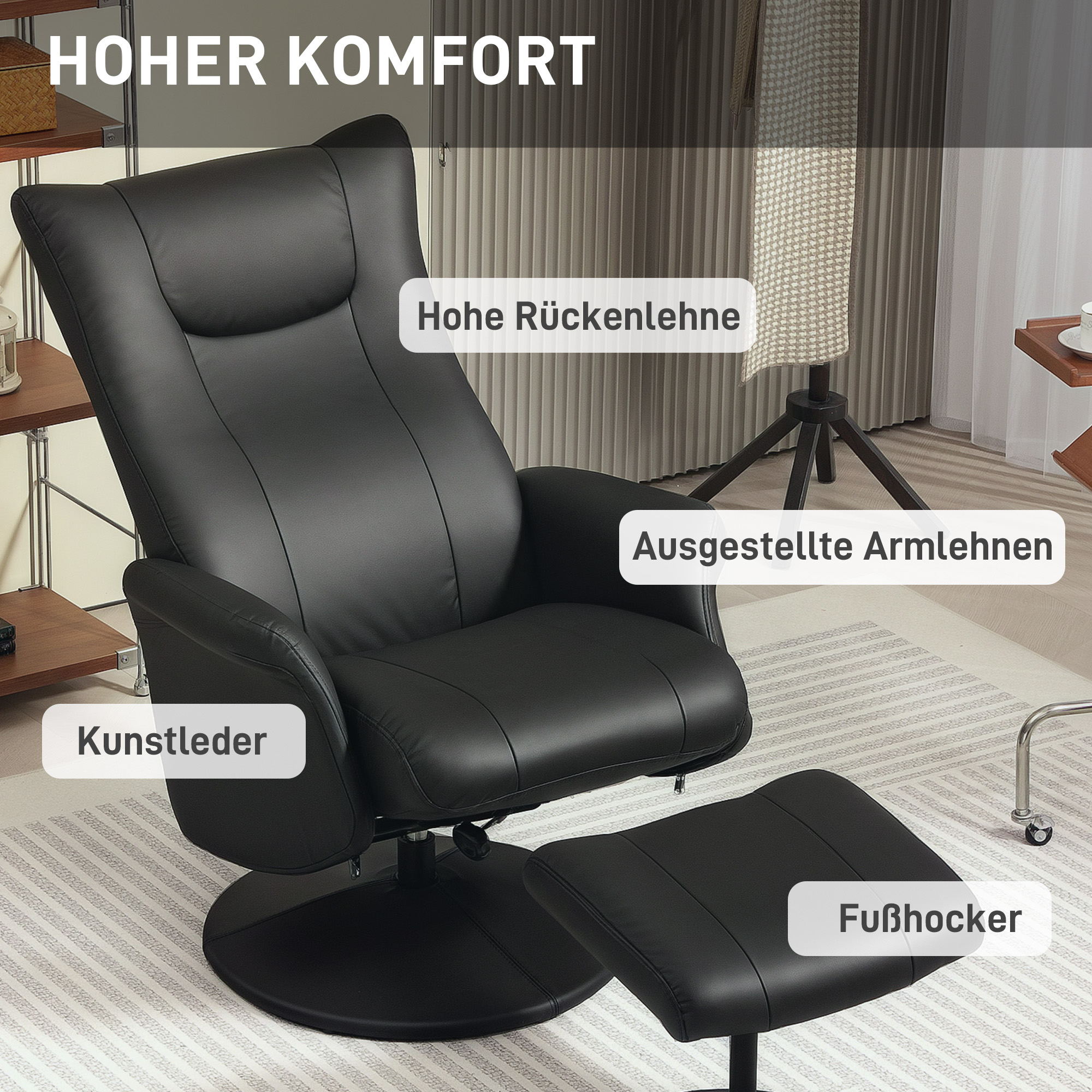 Chefsessel mit Hocker, Lederoptik, drehbar, verstellbare Lehne, bis 150 kg, Schwarz