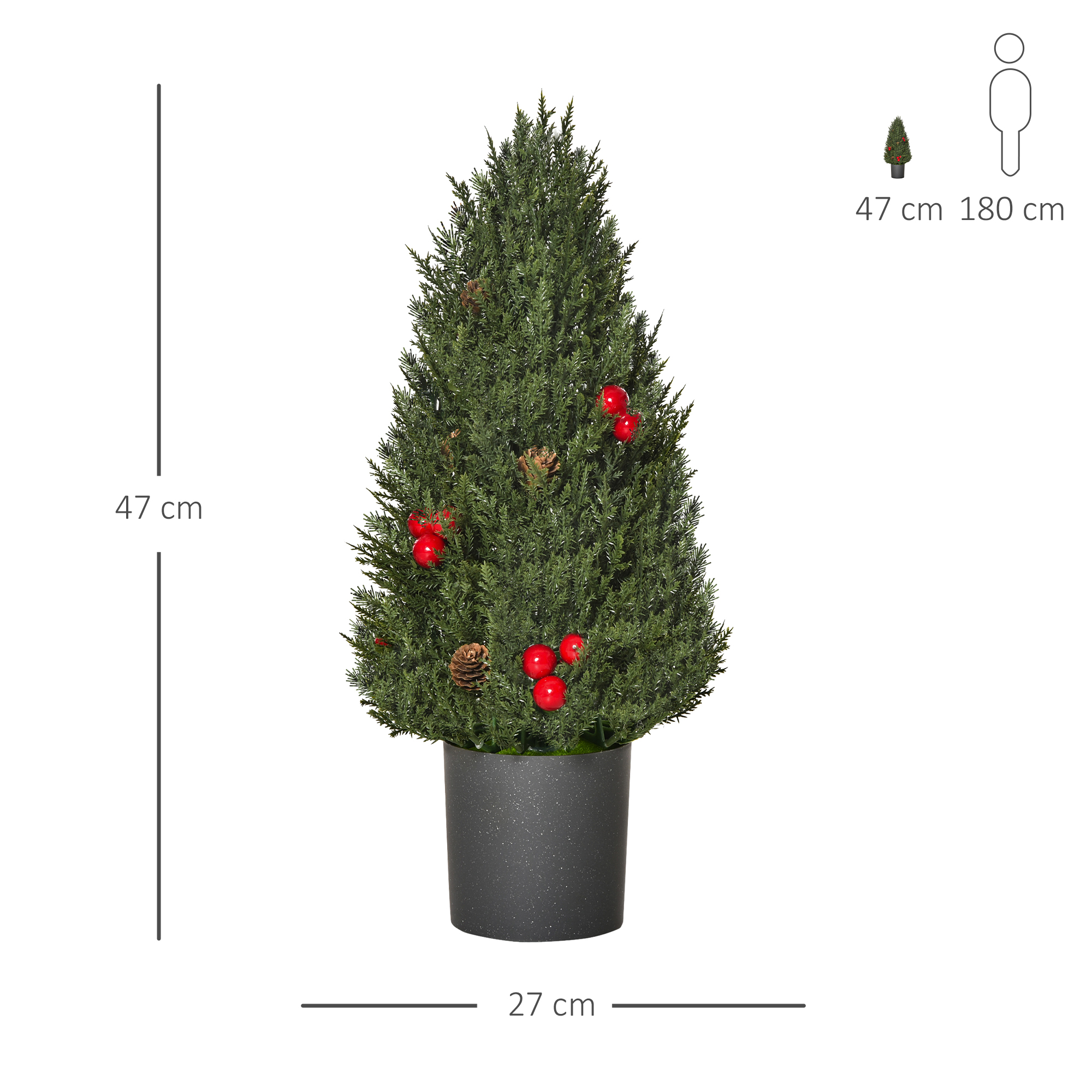 Mini-Weihnachtsbaum mit roten Beeren und Tannenzapfen, inkl, Übertopf 27 cm x 27 cm x 47 cm, Mehrfarbig