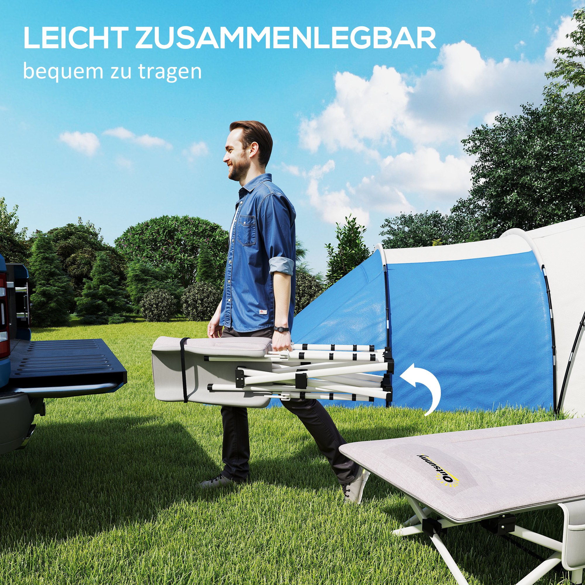 Feldbett, Campingbett, klappbar, weich, bis 200 kg, rostfreies Metallgestell, 200x65x42cm, Grau