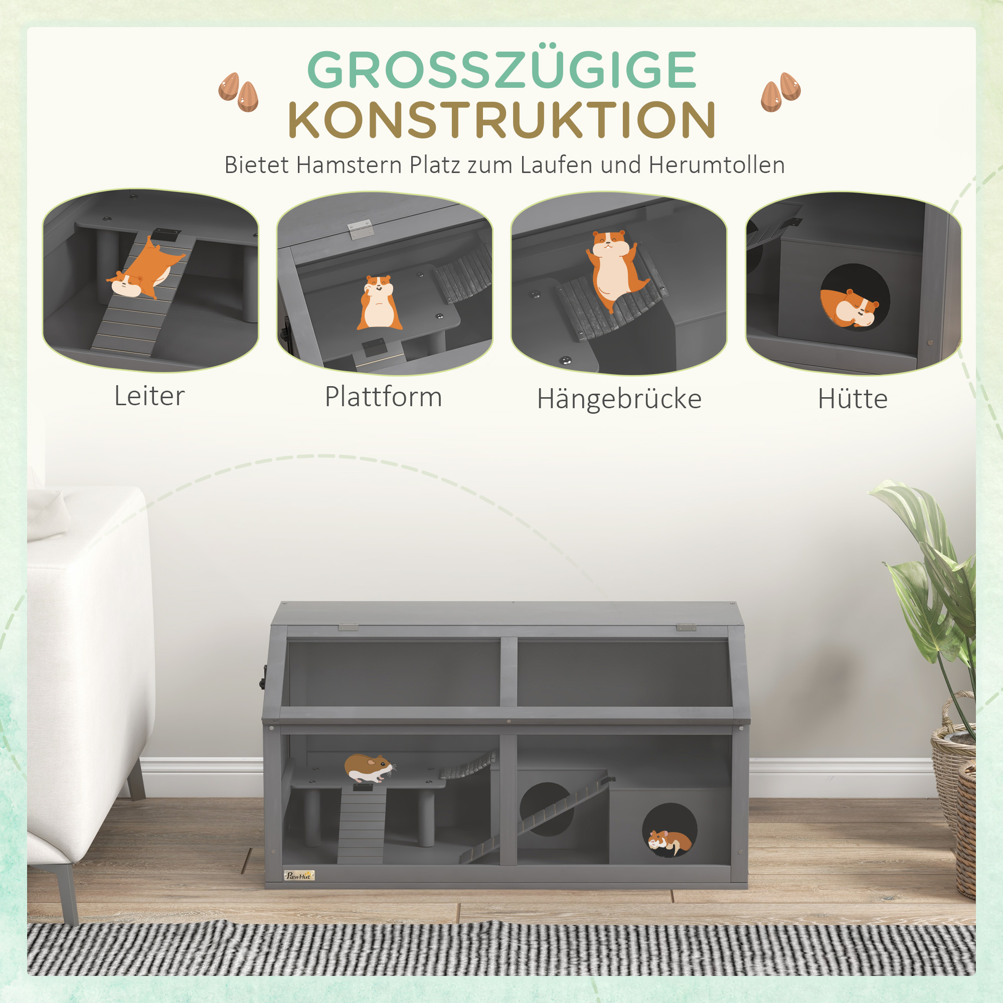 Hamsterkäfig, Kleintierkäfig aus Holz, Hängebrücke, Leitern, Hütte, 84 x 45 x 44 cm, für Zwerghamster, Grau
