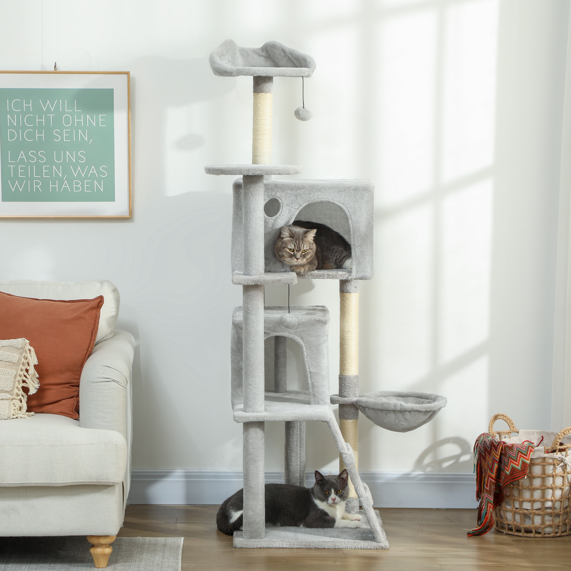 160 cm Katzenkratzbaum, mehrere Ebenen, Sisal-Kratzpfosten, Höhlen, Plüsch-Plattformen, Hängematte, Leiter, Spielbälle