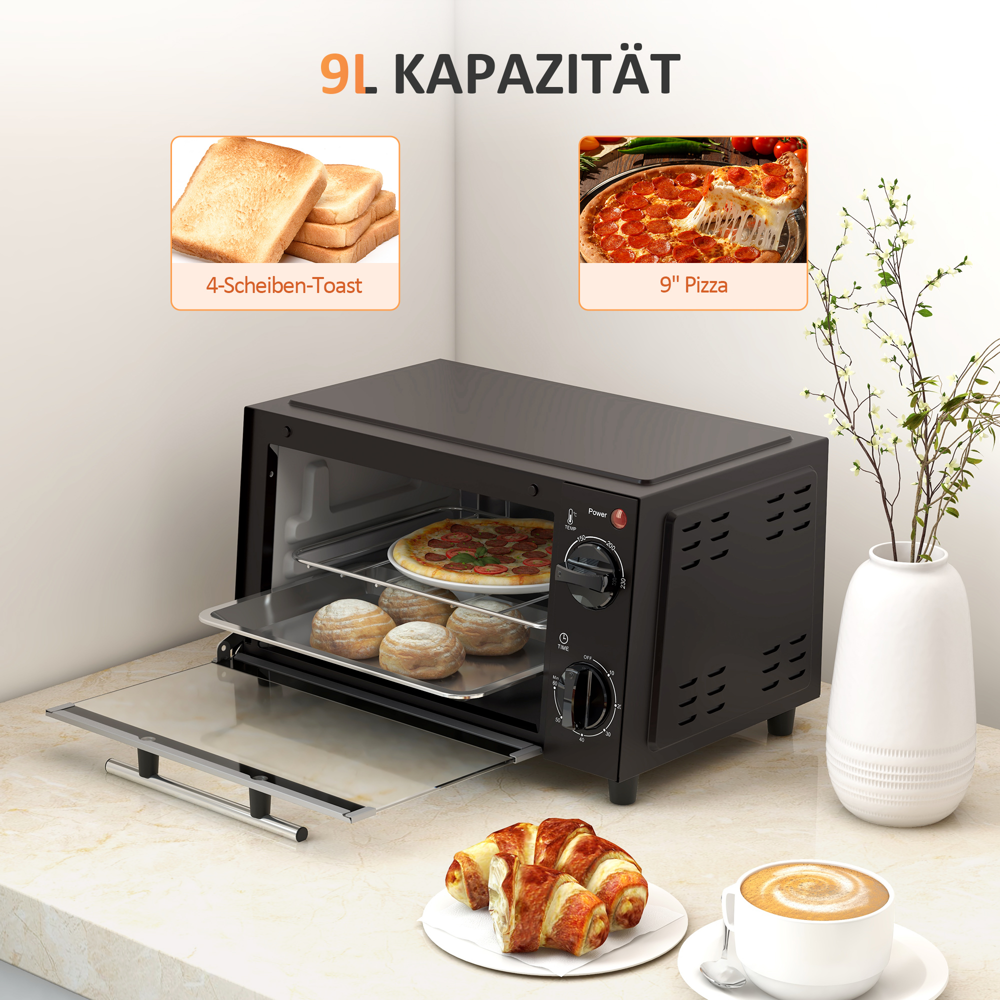 Mini-Backofen, 9 Liter Fassungsvermögen, Einstellbare Temperatur und Garzeit, mit Grillrost und Backblech, Schwarz