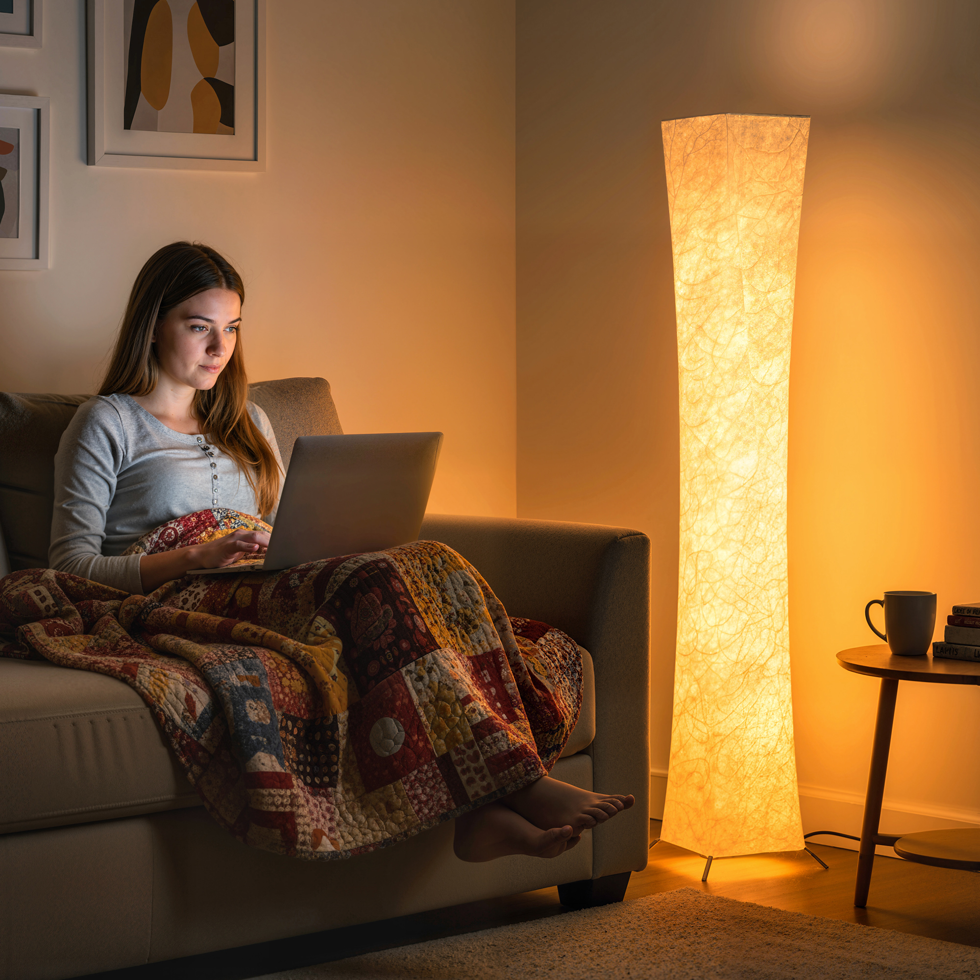 Stehlampe mit Papierschirm, Fußschalter, 3 Helligkeitsstufen, Weiß