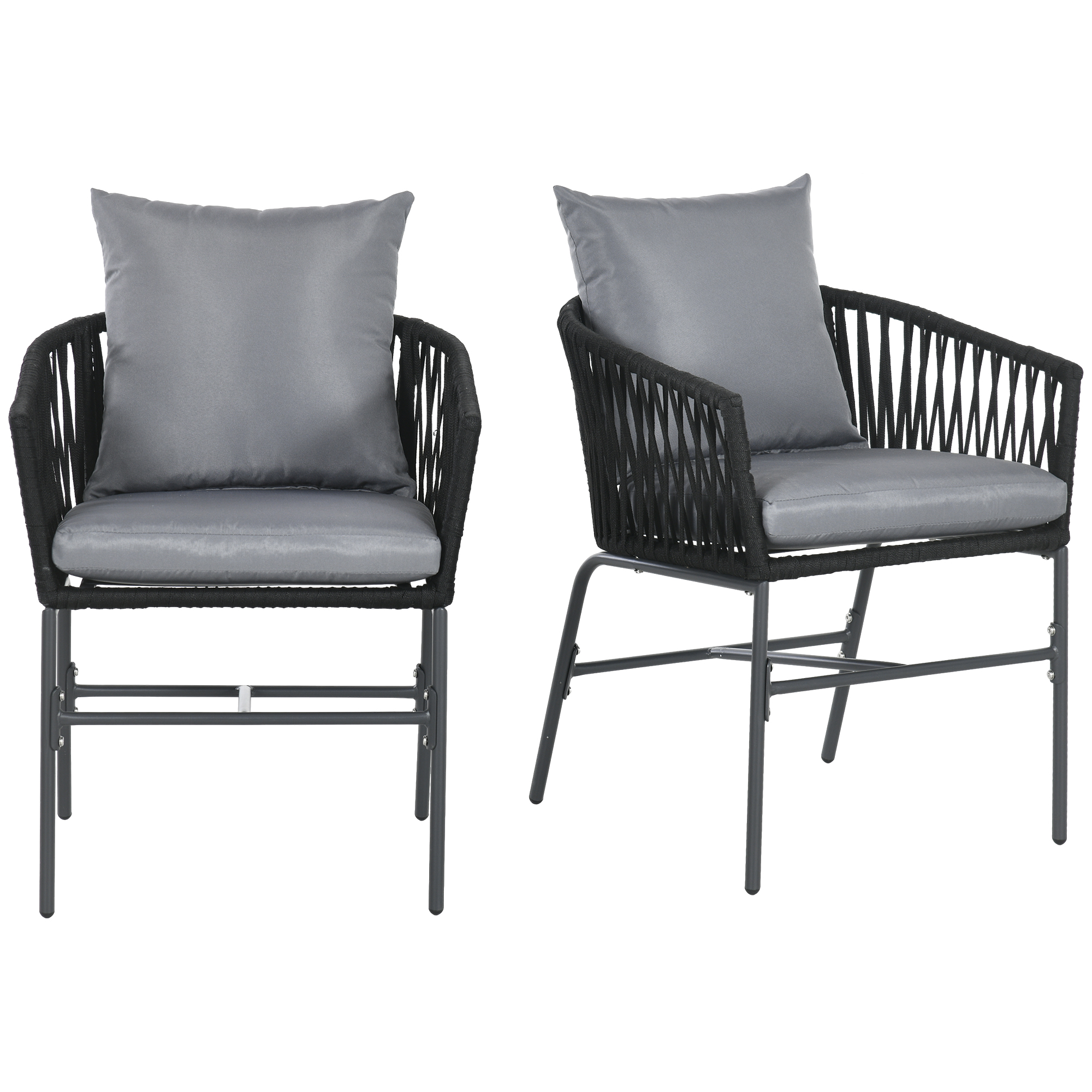 Outdoor Stühle, 2-er Set, Boho-Design, Sitz- und Rückenkissen, bequeme Sitzschale, Metallrahmen, Schwarz Outdoor Stühle, 2-er Set, Boho-Design, Sitz- und Rückenkissen, bequeme Sitzschale, Metallrahmen, Schwarz