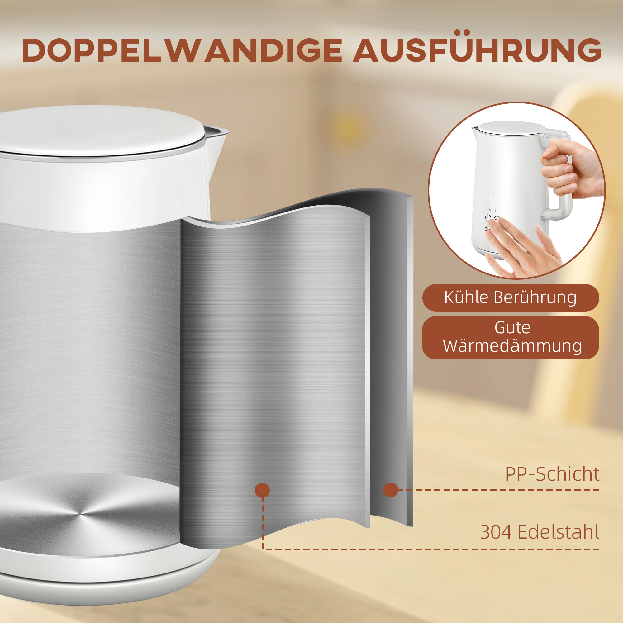 Küchenset mit Wasserkocher und Toaster, 7 Bräunungsstufen, schnelles Kochen, Edelstahl, Kunststoff, Weiß