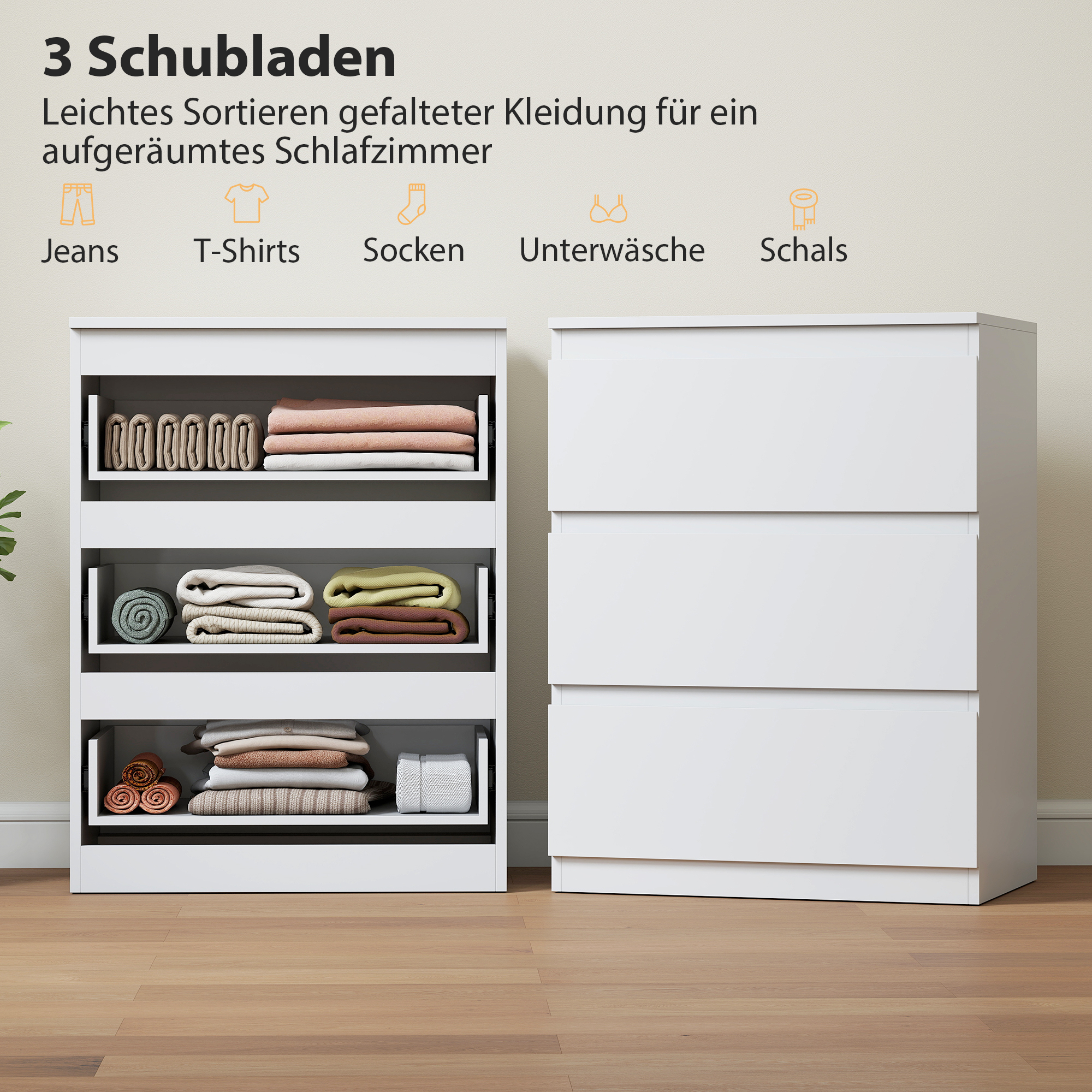 Kommode mit 3 Schubladen, für Wohnzimmer, Schlafzimmer, Flur, Spanplatte, Weiß