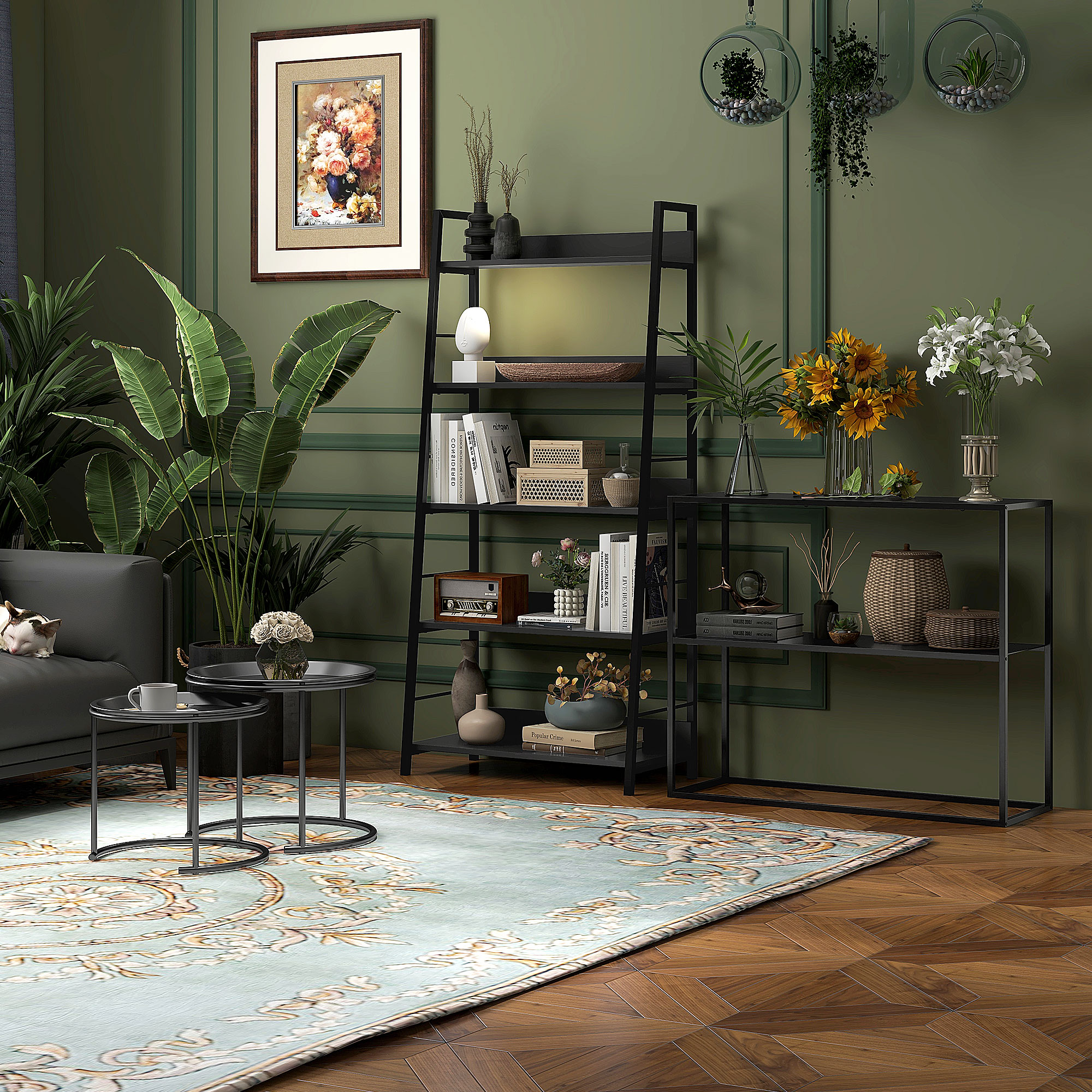 2er-Set Beistelltische aus Metall, ineinander verschiebbar, Tischplatten als Tabletts verwendbar, Schwarz