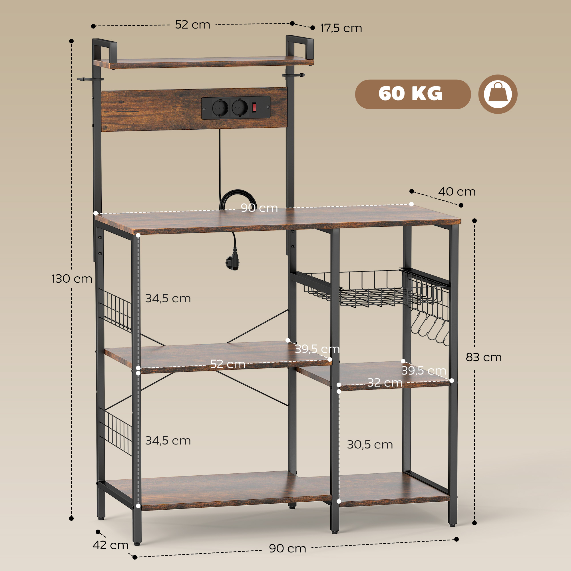 Küchenregal, Standregal mit 2 Steckdosen, 5 S-Haken, 5 Ablagen, Korb, X-Streben Stahl 90 x 42 x 130 cm