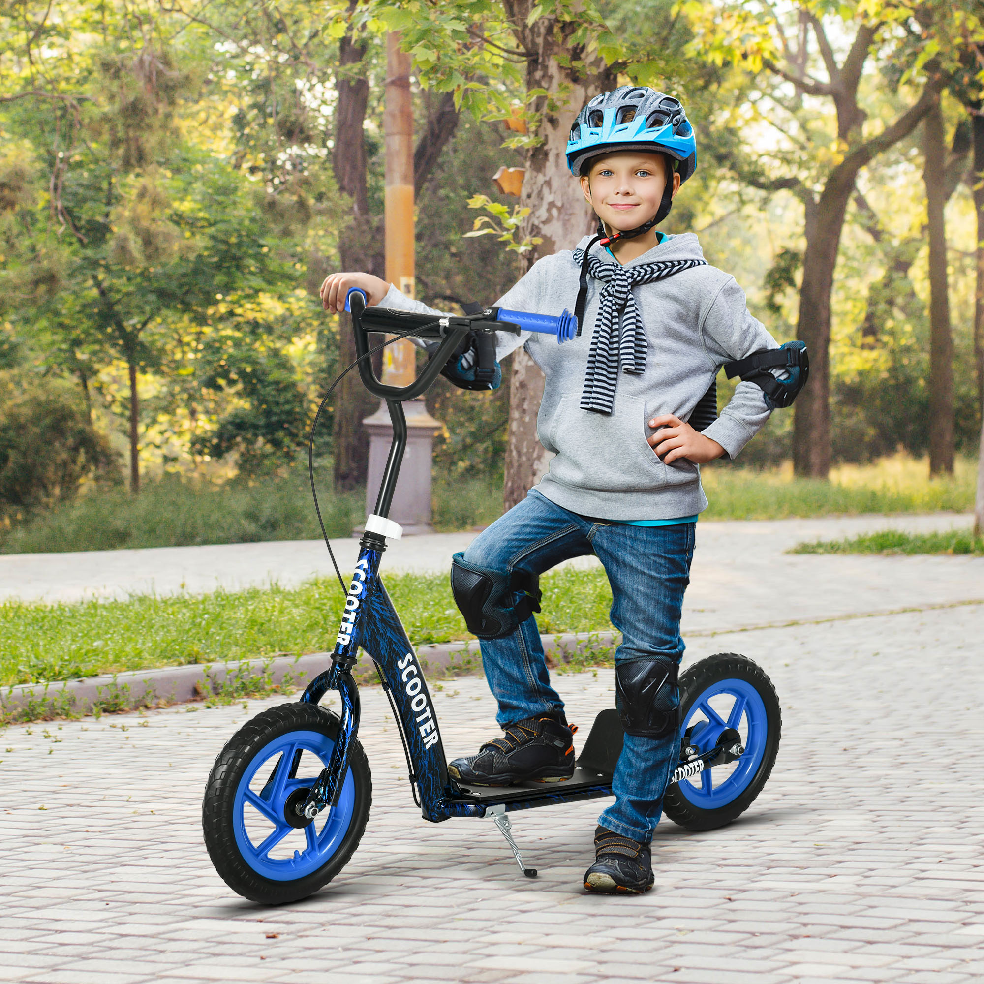 Kinderroller, höhenverstellbarer Tretroller für Kinder, mit Bremse, Ständer, 2 Räder, Stahl, Blau