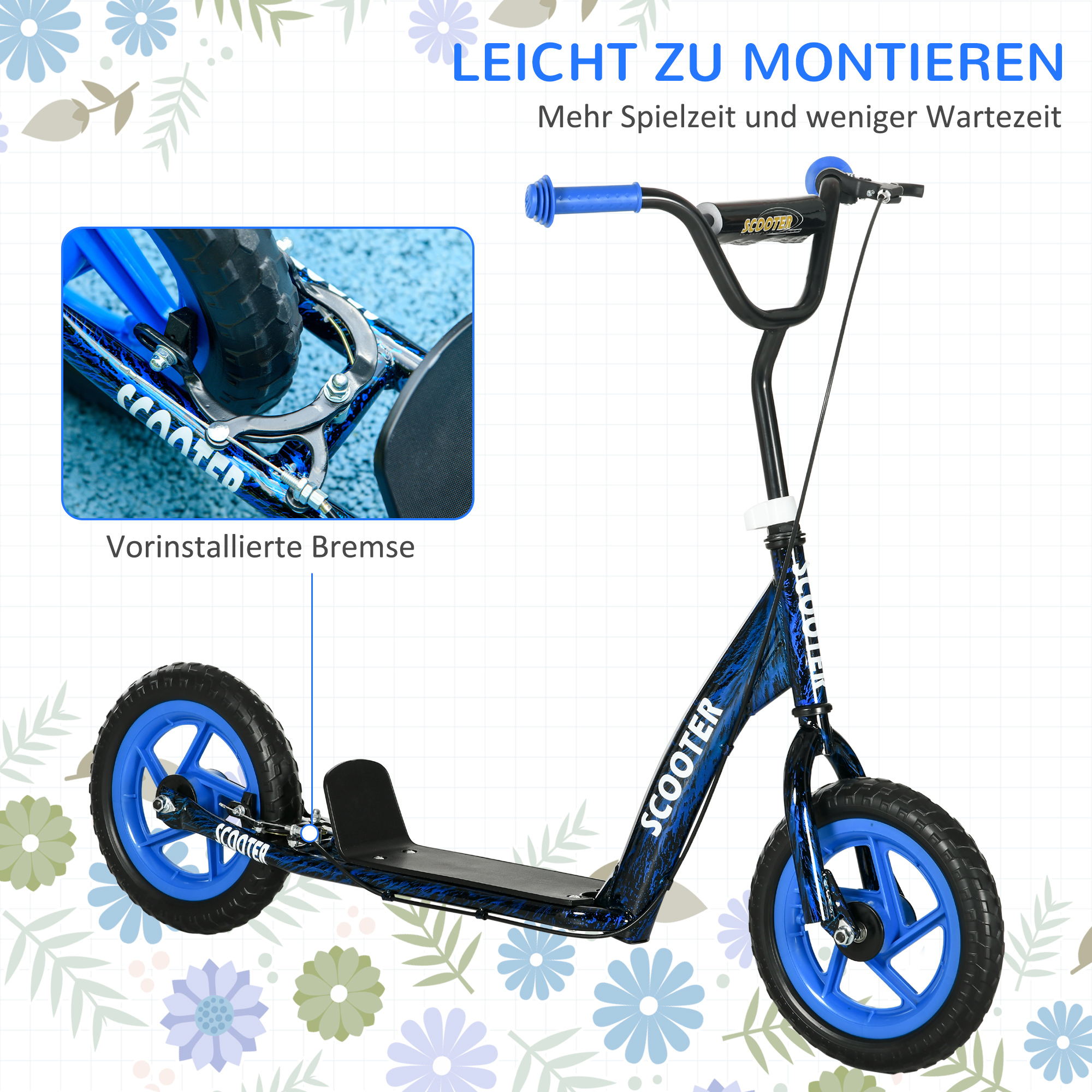 Kinderroller, höhenverstellbarer Tretroller für Kinder, mit Bremse, Ständer, 2 Räder, Stahl, Blau