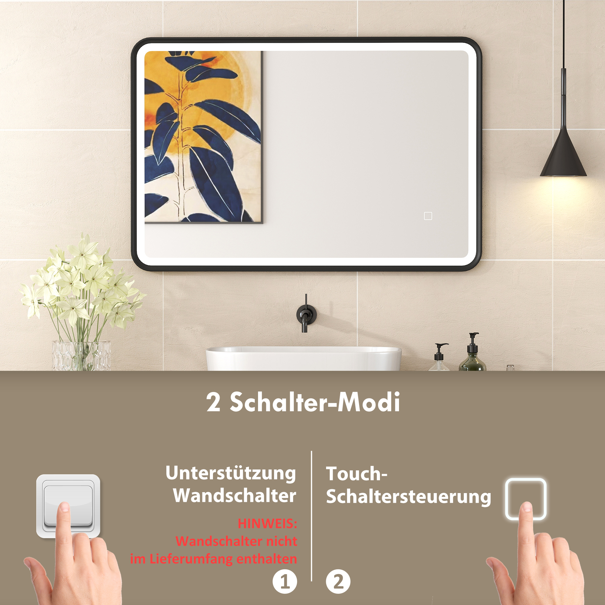 90 x 60 cm LED-Badezimmerspiegel, Lichter, 3 Farben, dimmbar, Memory-Funktion, horizontal und vertikal, Schwarz