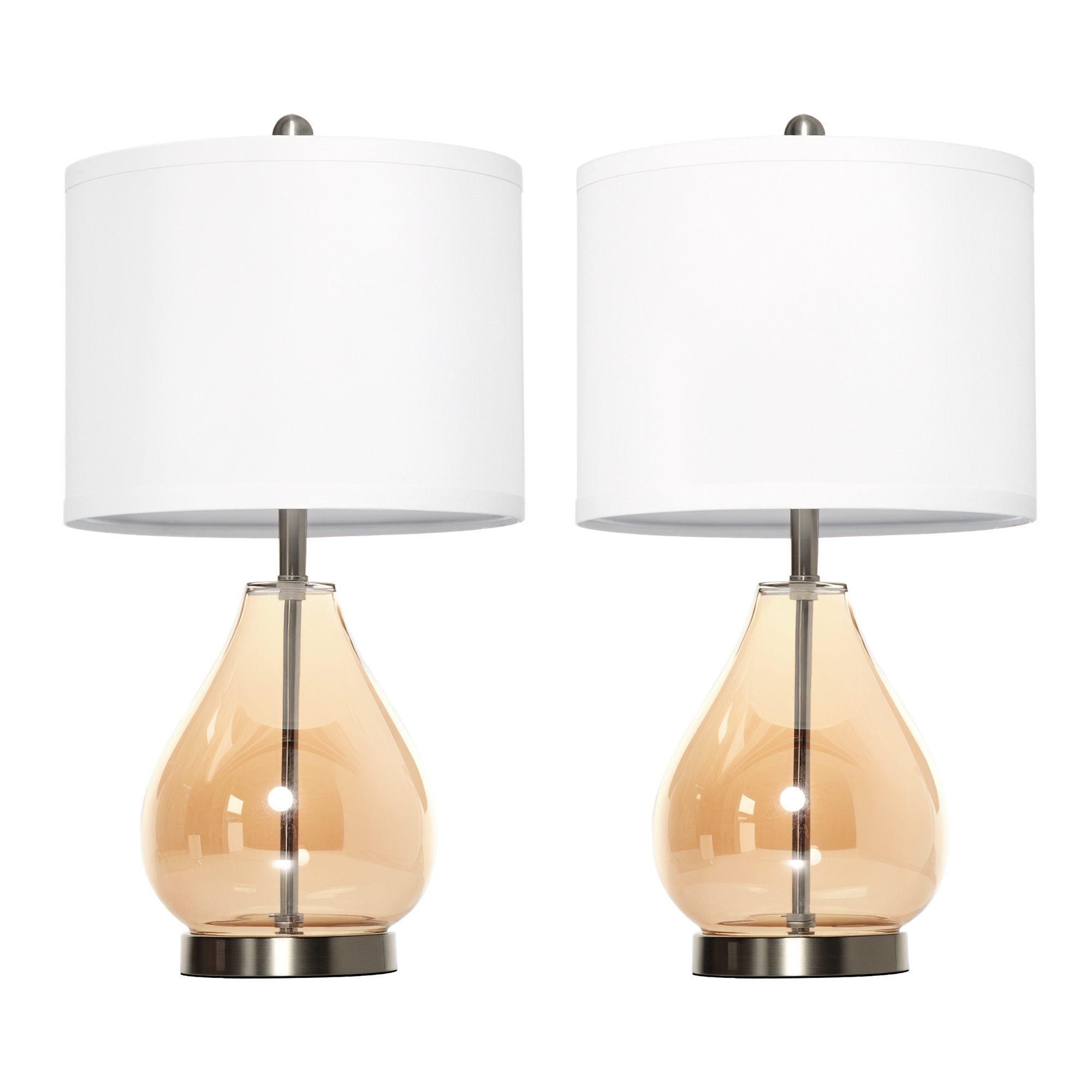 2-Set Tischlampen Tischleuchten E27-Fassung Nachttischlampe 40 W Glas Leinen Metall Bernstein Ø30 x 56H cm