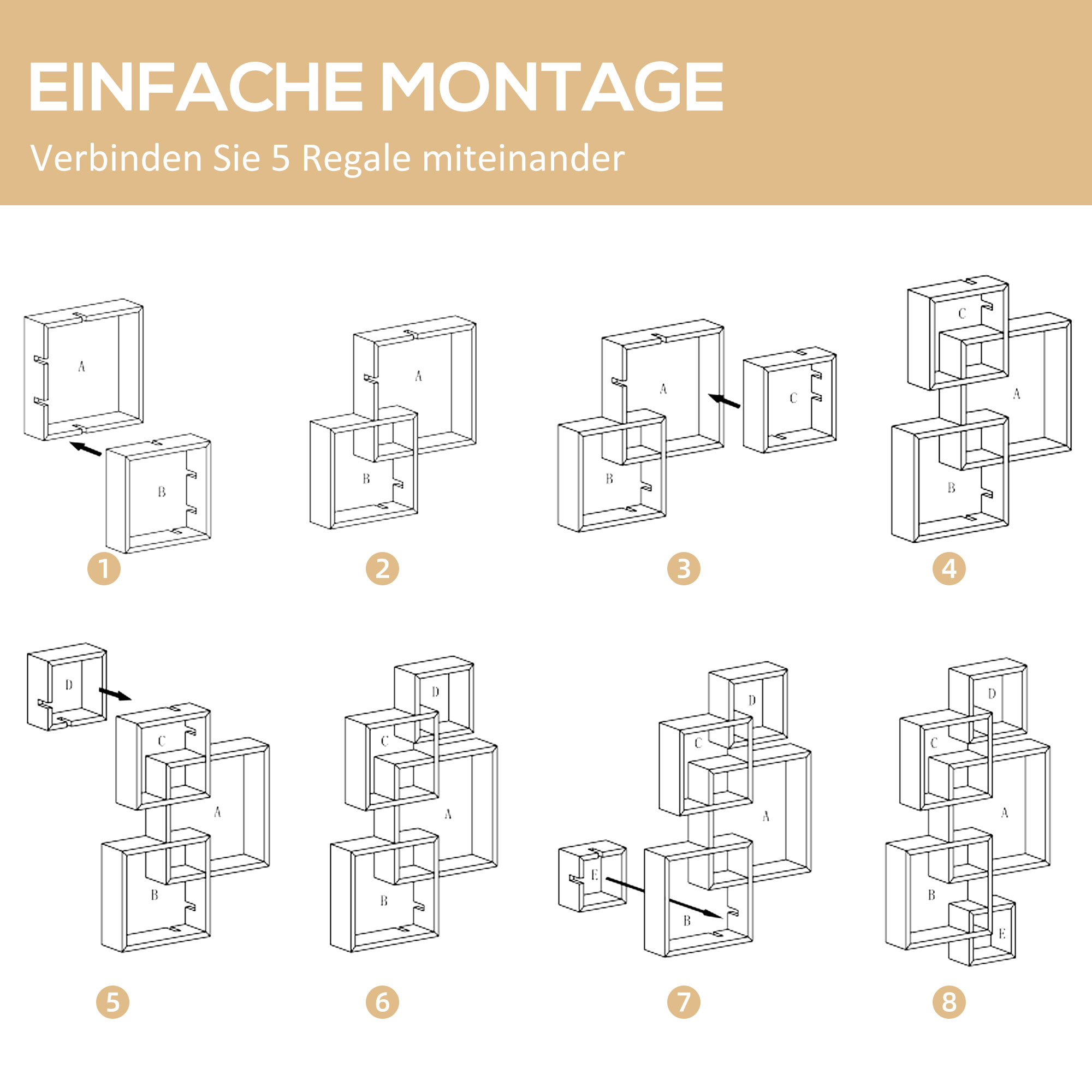 Wandregal, Schweberegal, 5 Regale, Massivholz, Weiß