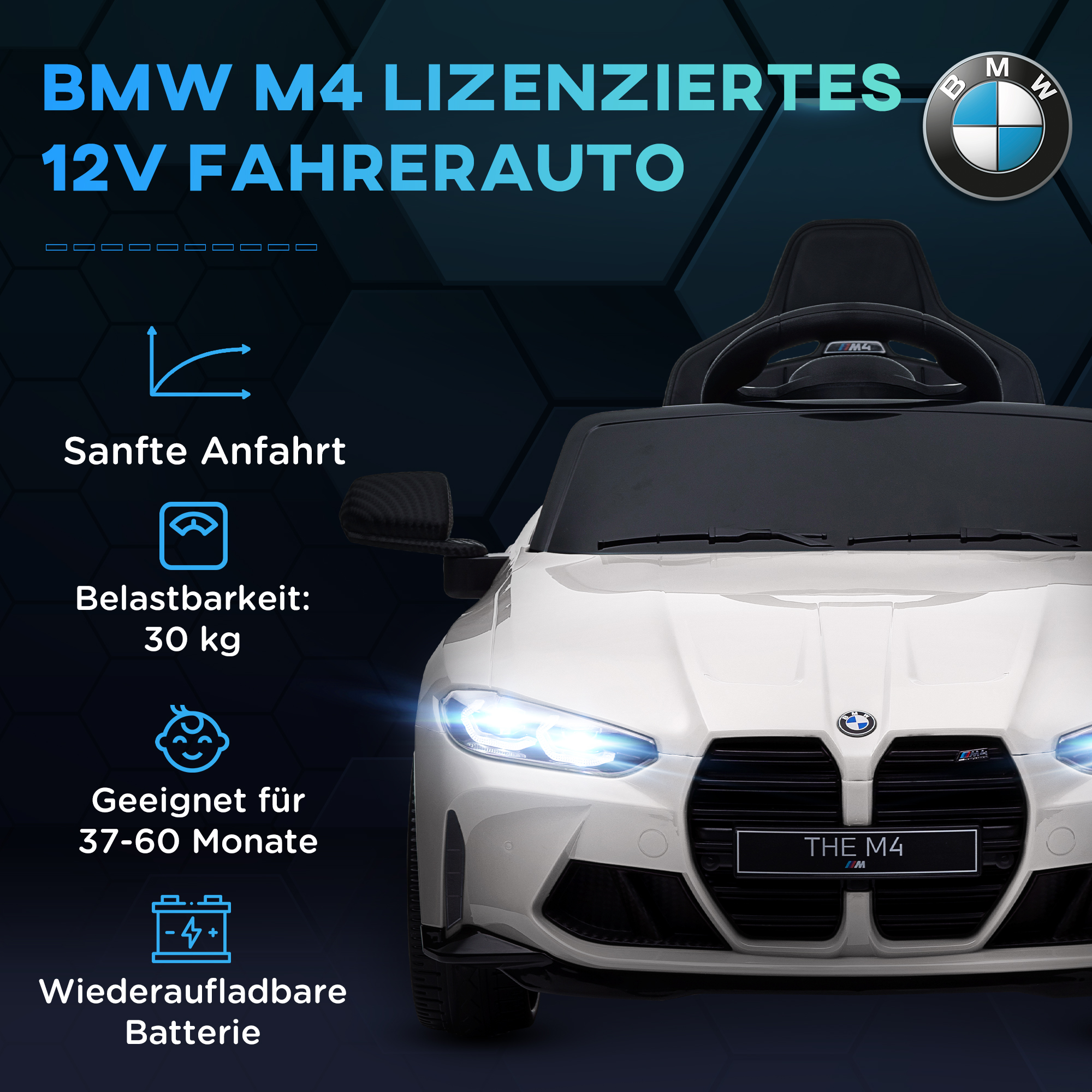 Elektro Kinderauto BMW M4, Sound & Licht, 3-5 km/h, inkl, Fernsteuerung, für 3-5 Jahre, Weiß