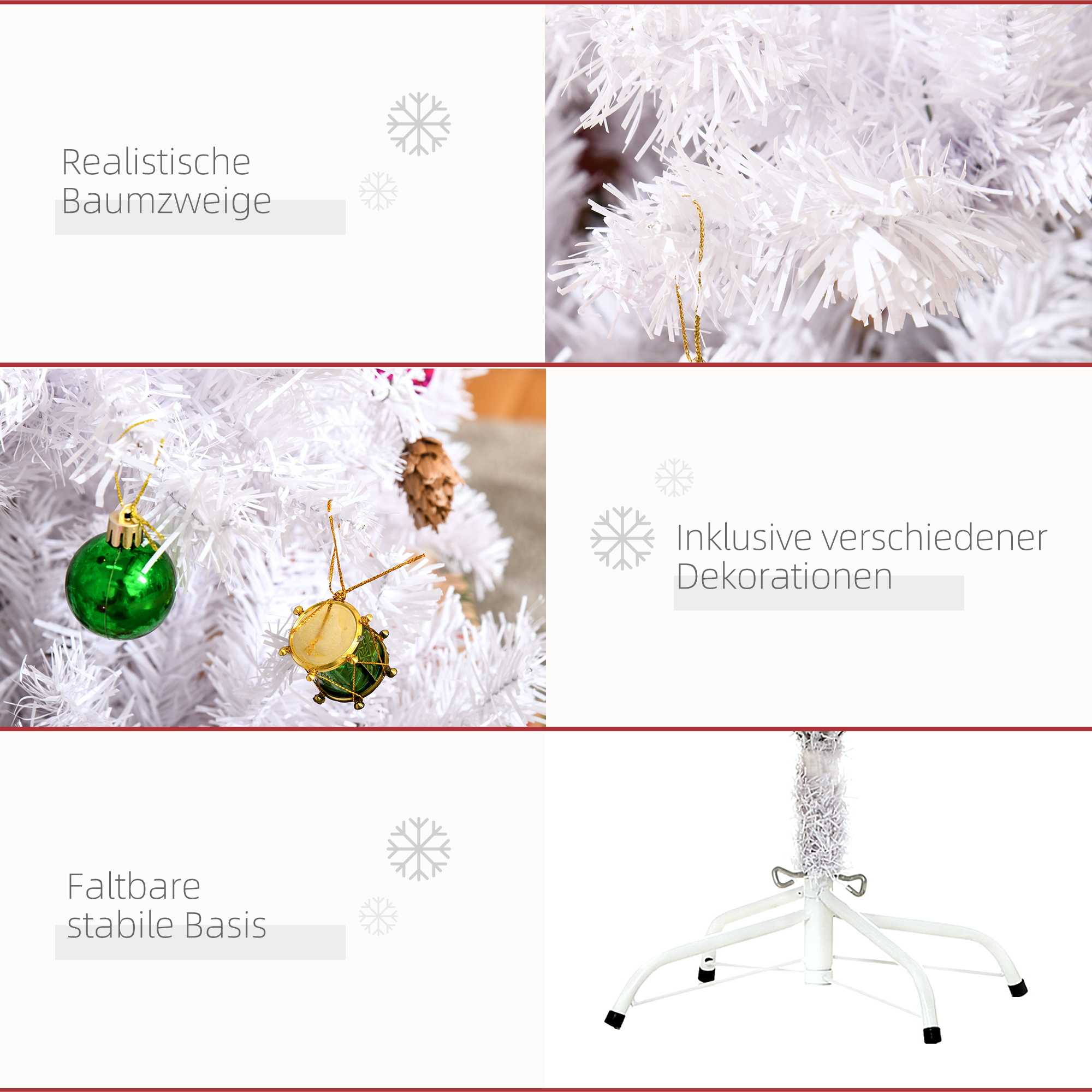 Künstlicher Weihnachtsbaum 150 cm künstlich Tannenbaum mit Kugeln, Glocken, Trommeln, Geschenkboxen, Christbaum mit 680 Spitzen, 12 Tannenzapfen Weihnachtsdeko inkl, Metallständer für drinnen