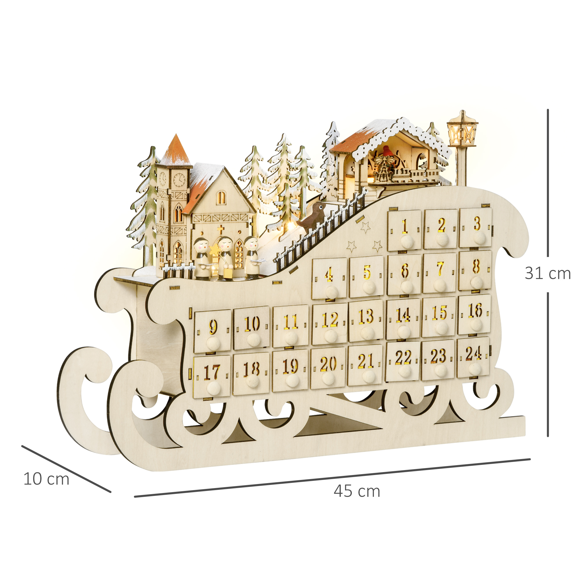 Adventskalender zum Befüllen 24 Schubladen Fächer Weihnachtskalender mit LED-Lichtern Schlitten-Form Adventskalenderbox Weihnachtsdekoration DIY Sperrholz-Platte Naturholz 45 x 10 x 31 cm