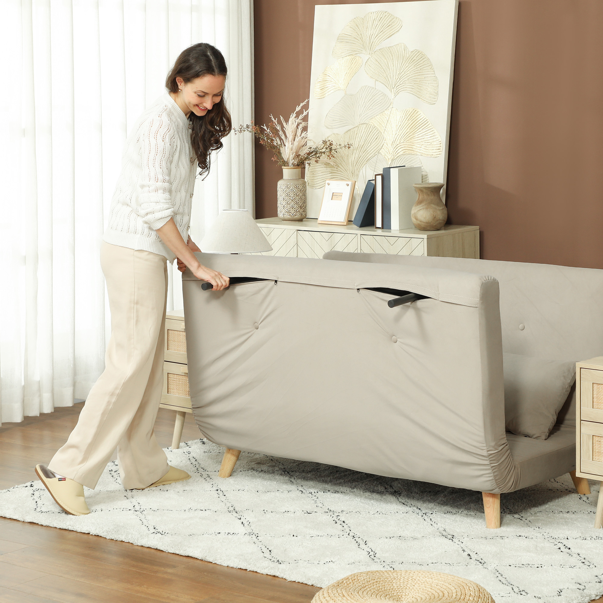 Schlafsofa Relaxsofa Sofa Couch, inkl, 2 Kissen, Samtoptik, 130 x 78 x 79 cm, Beige