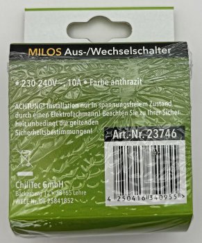 MILOS Wechsel-Schalter, UP, anthrazit, 250V~/ 10A, inkl. Rahmen, Steckanschluss