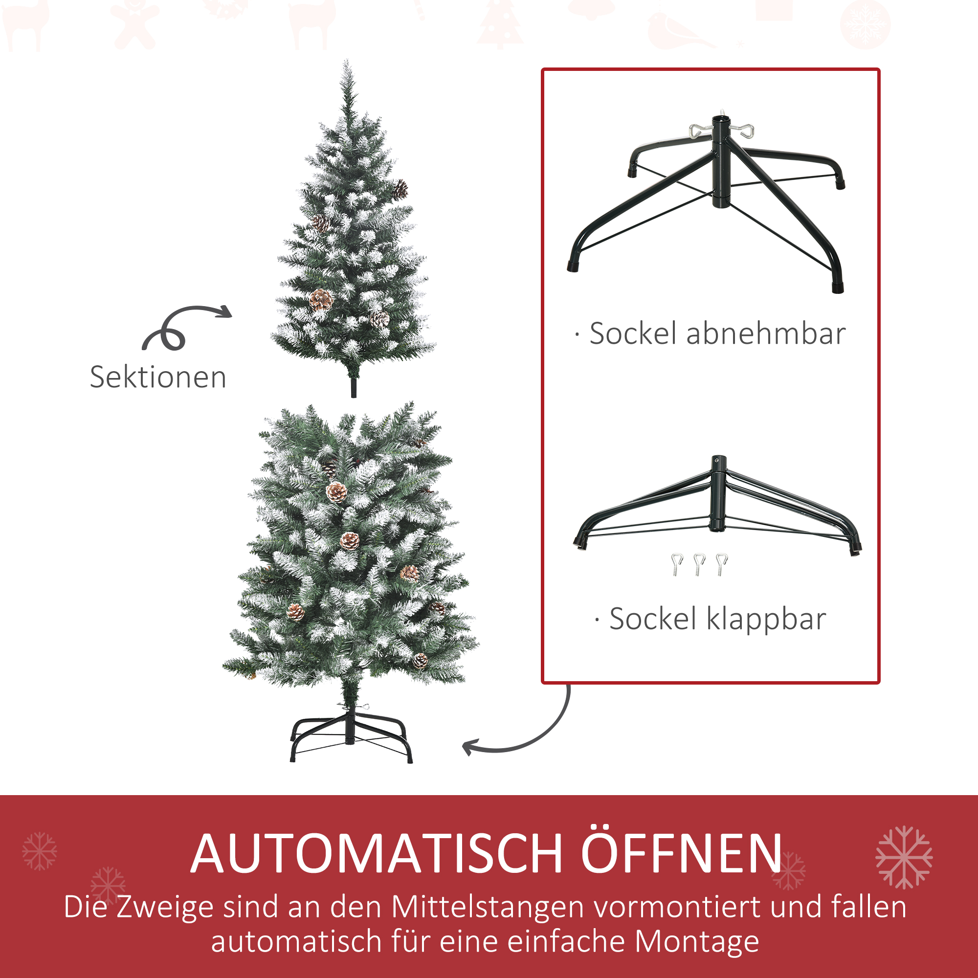 Künstlicher Weihnachtsbaum, 630 Zweige, 37 Zapfen, verschneite Spitzen, feuerfest, 150 cm