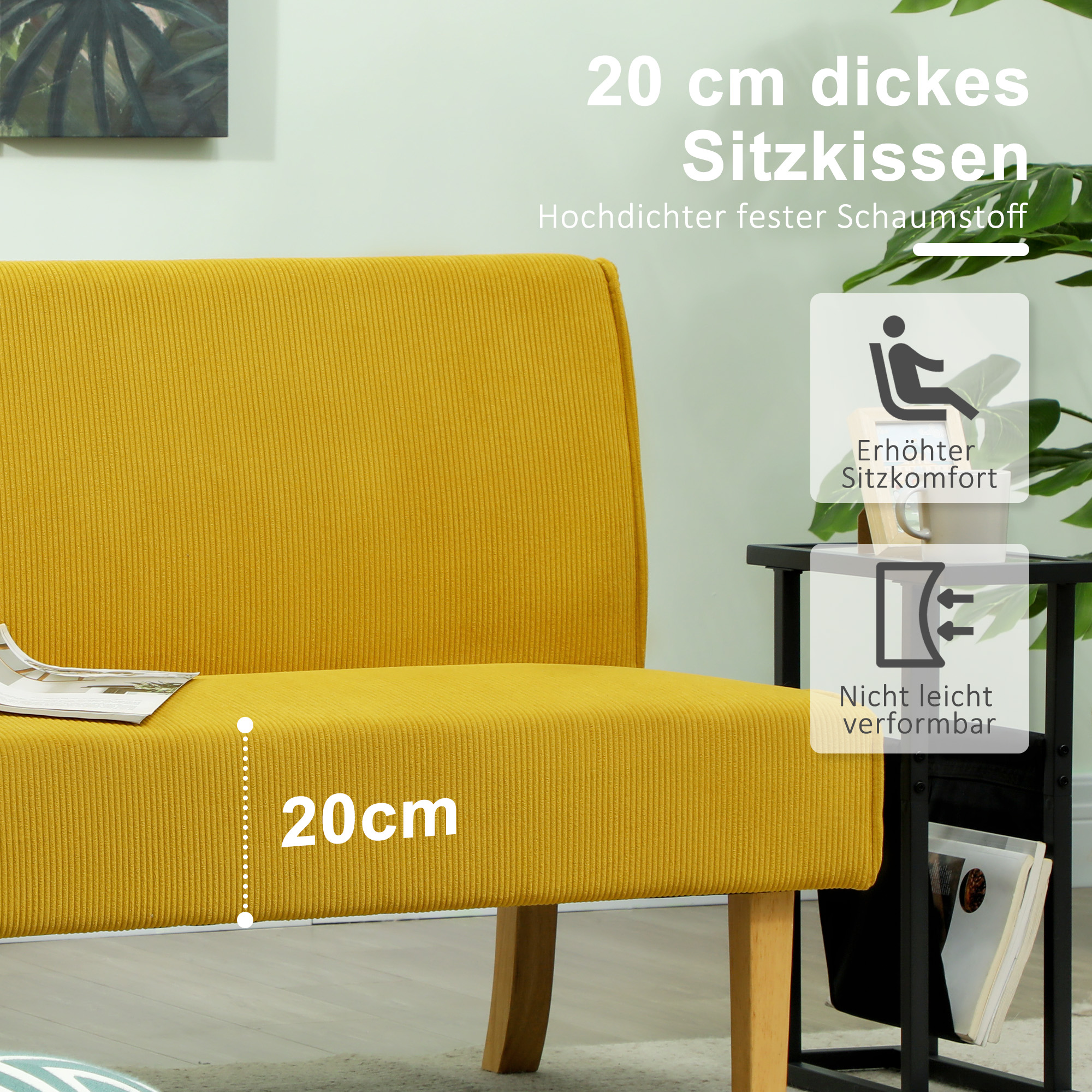Zweisitzer-Sofa mit Cord-Bezug, dicker Polsterung und soliden Holzbeinen für Wohnzimmer, Schlafzimmer, Büro, Gelb