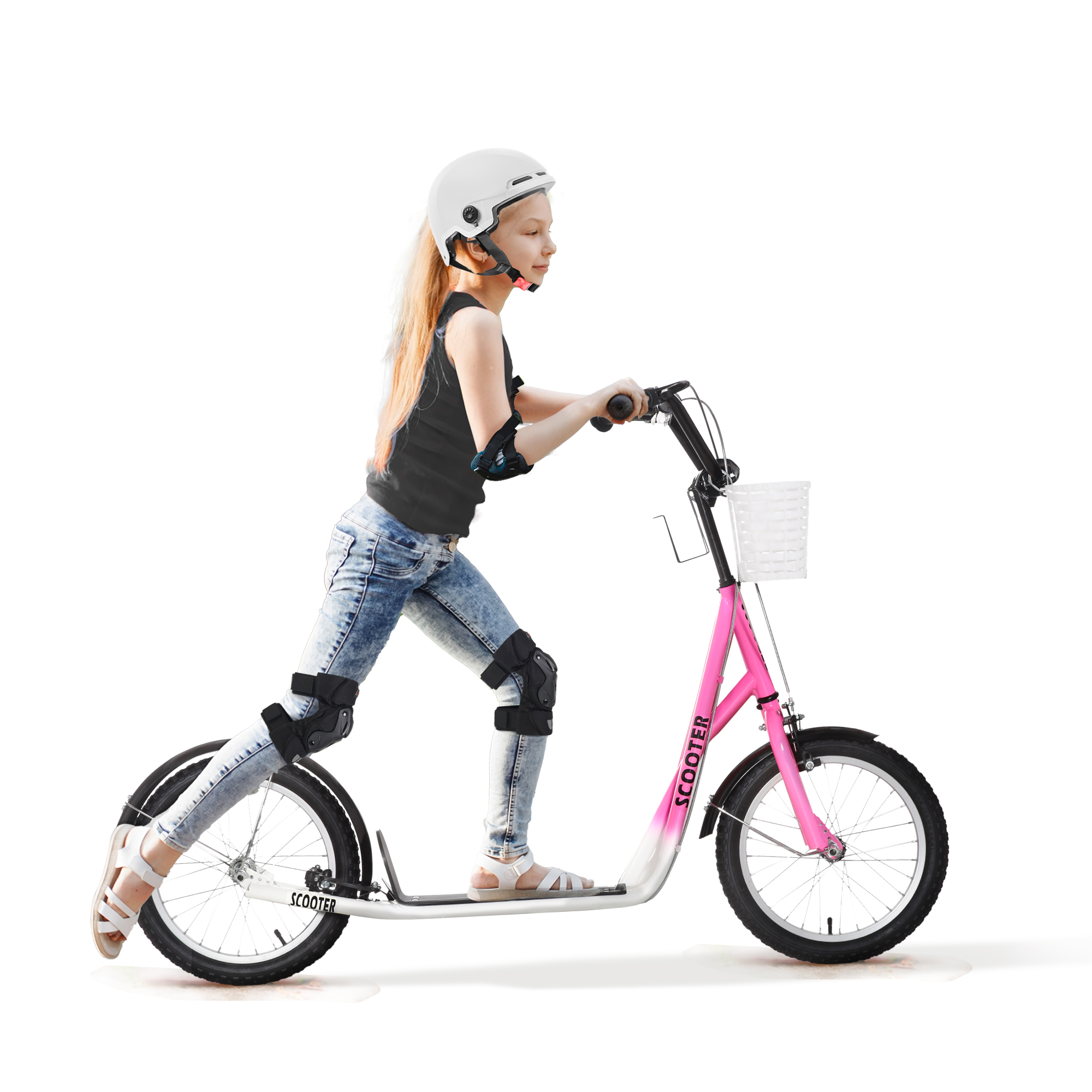 Kinderroller Tretroller mit Bremse, inkl, Korb, höhenverstellbar, für Kinder von 5 bis 12 Jahren, Weiß + Pink Kinderroller Tretroller mit Bremse, inkl, Korb, höhenverstellbar, für Kinder von 5 bis 12 Jahren, Weiß + Pink