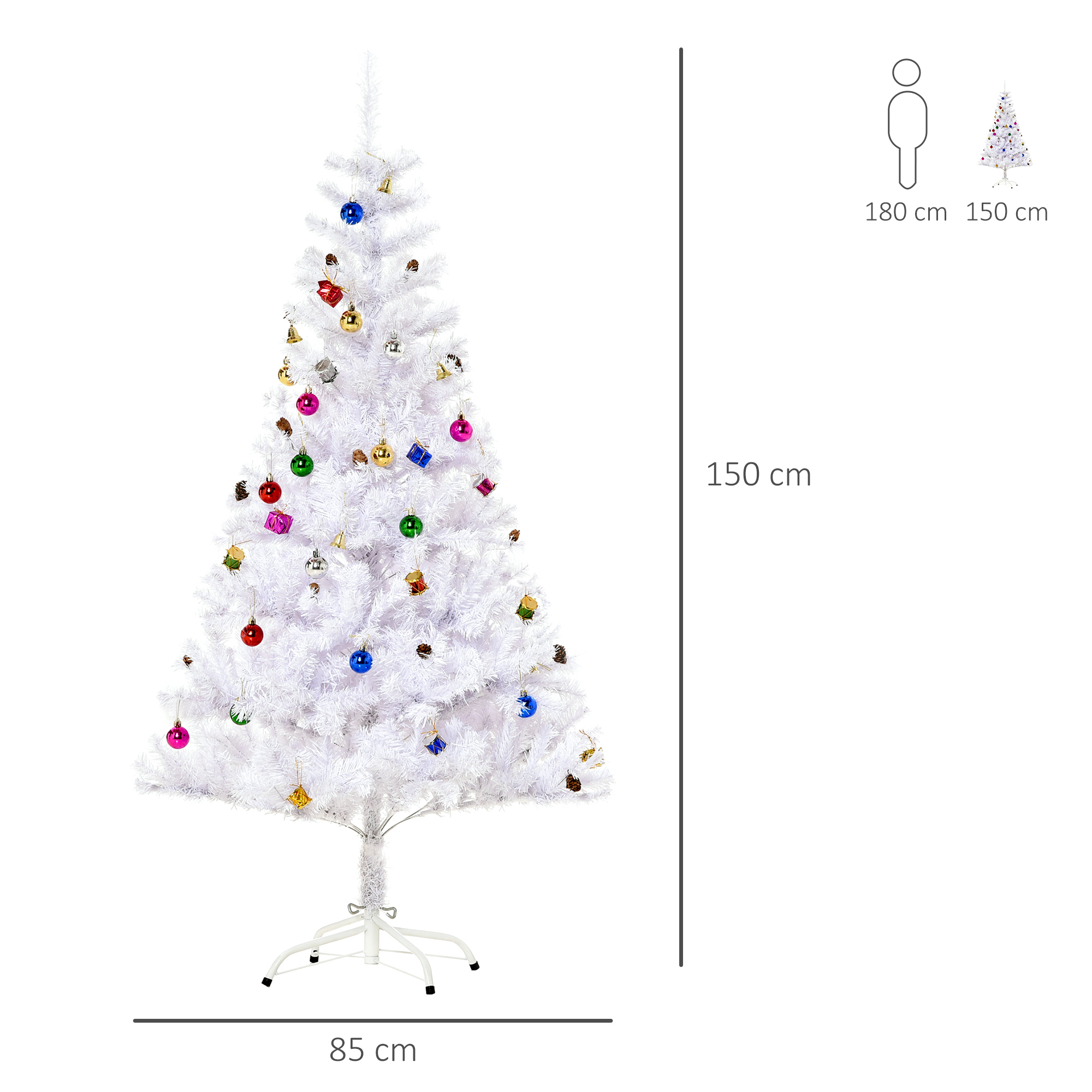 Künstlicher Weihnachtsbaum 150 cm künstlich Tannenbaum mit Kugeln, Glocken, Trommeln, Geschenkboxen, Christbaum mit 680 Spitzen, 12 Tannenzapfen Weihnachtsdeko inkl, Metallständer für drinnen