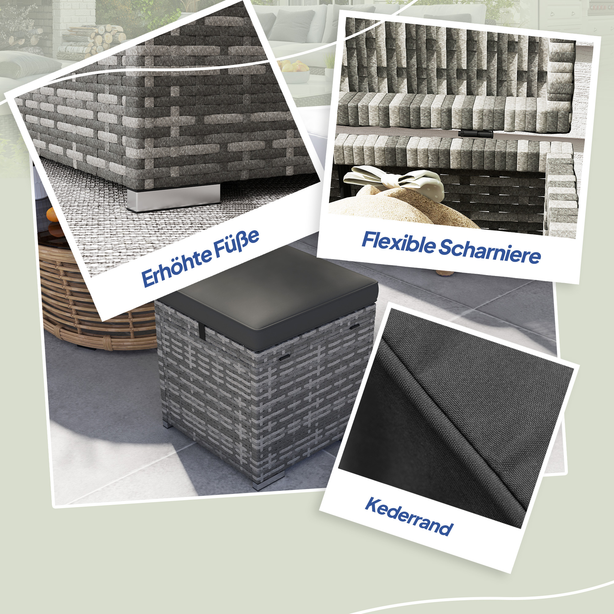 2er Set Rattan Hocker Sitzhocker mit Rattanoptik Stauraum Kissen Deckel 120 kg belastbar 40x40x41cm Dunkelgrau