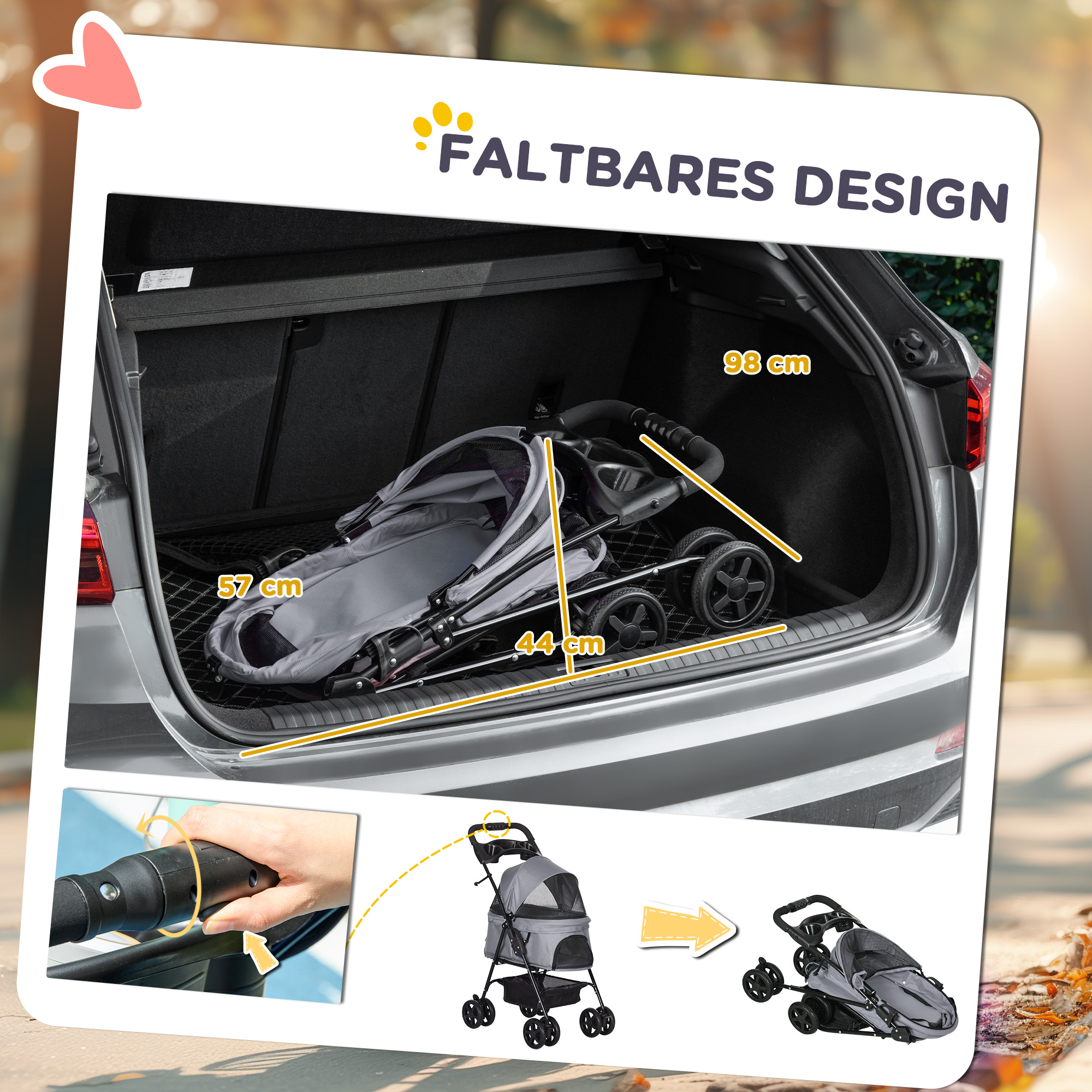 Hundebuggy Hundewagen bis 4 kg Klappbar Netzfenster Bodenkorb Becherhalter abnehmbares Dach grau 67 x 45 x 96 cm