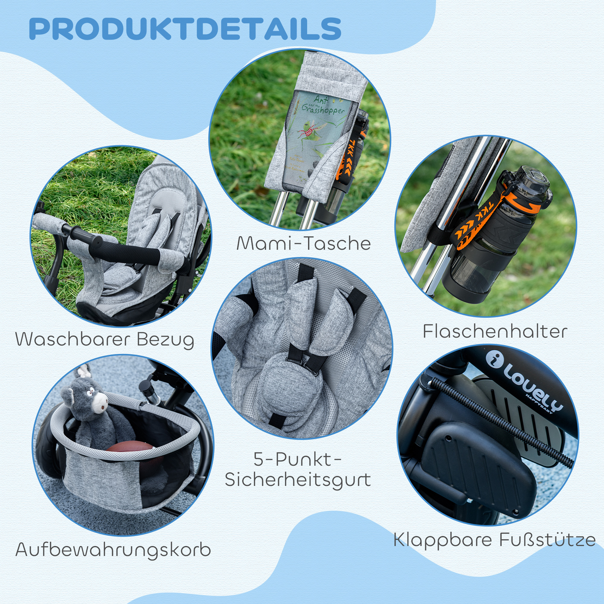 Kinder-Dreirad, Kinderfahrrad, Rückenkorb, Becherhalter, Sonnendach, Metall, Grau