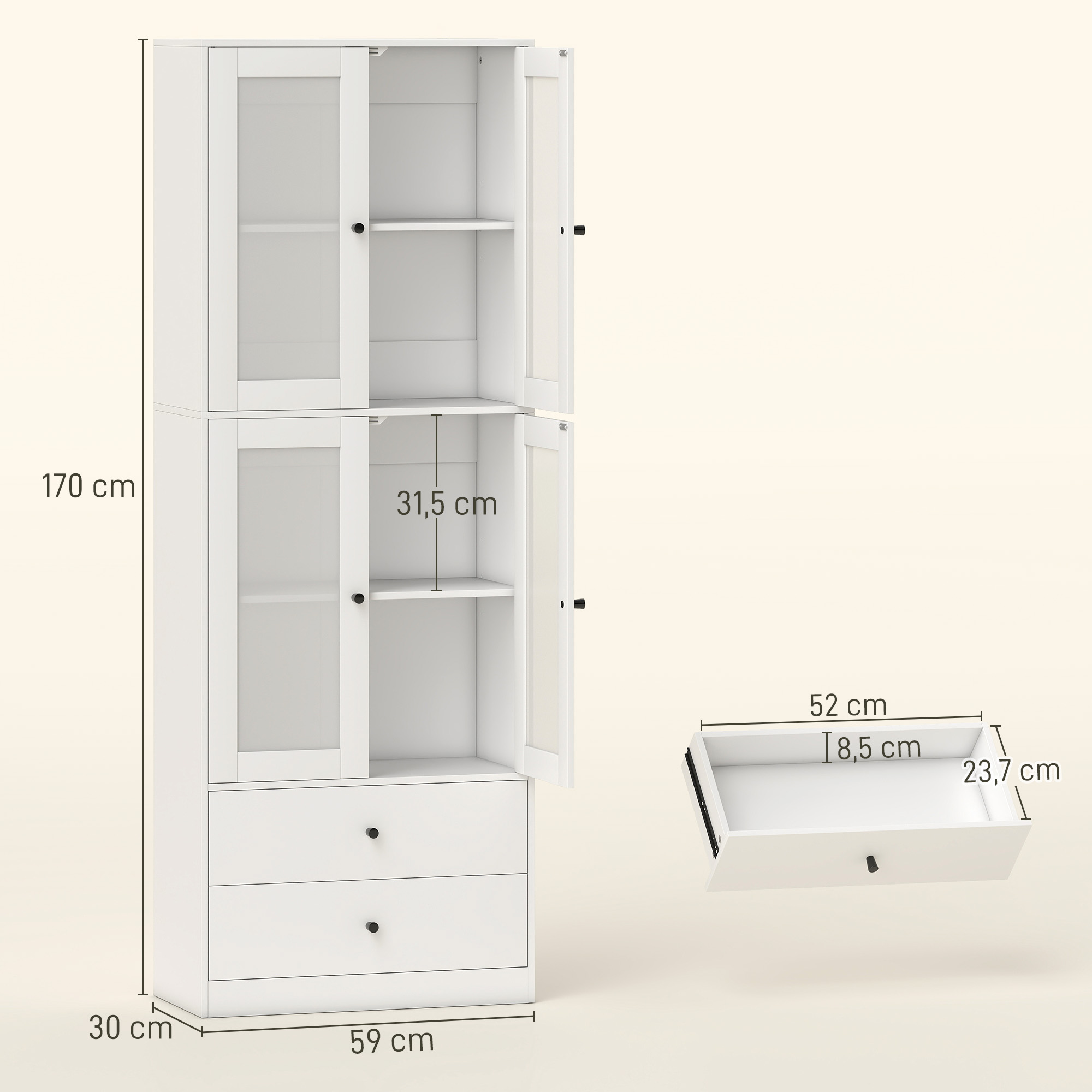 Küchenschrank mit Schubladen und Glastüren, Melamin-Oberfläche, Weiß