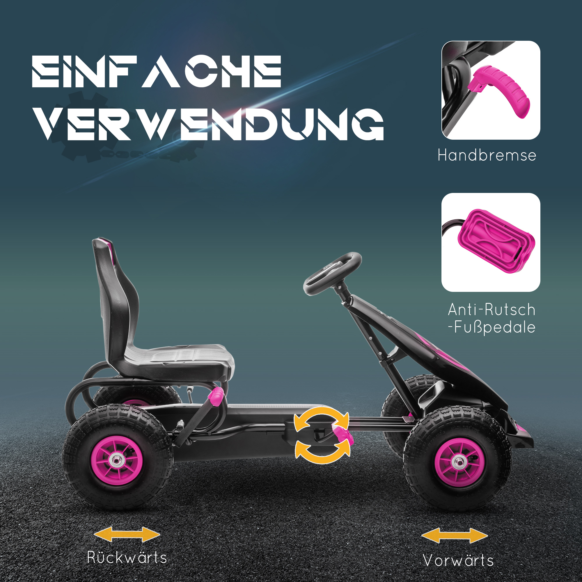 Kinder-Gokart, mit Pedalen, verstellbarem Sitz, In- und Outdoor, ab 5 Jahren, Rosa+Schwarz, 121 x 58 x 61 cm