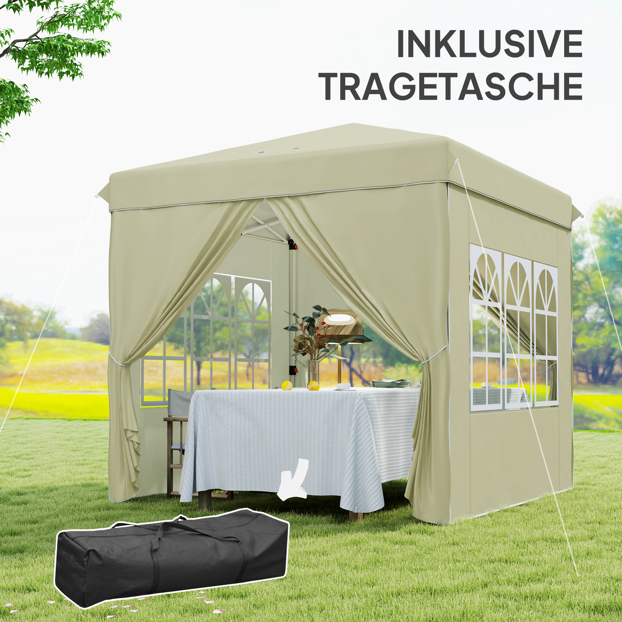 2,5 x 2,5 m Pop-up-Pavillon mit Seitenwänden und Tragetasche, UPF50+ höhenverstellbares Gartenzelt, Cremeweiß