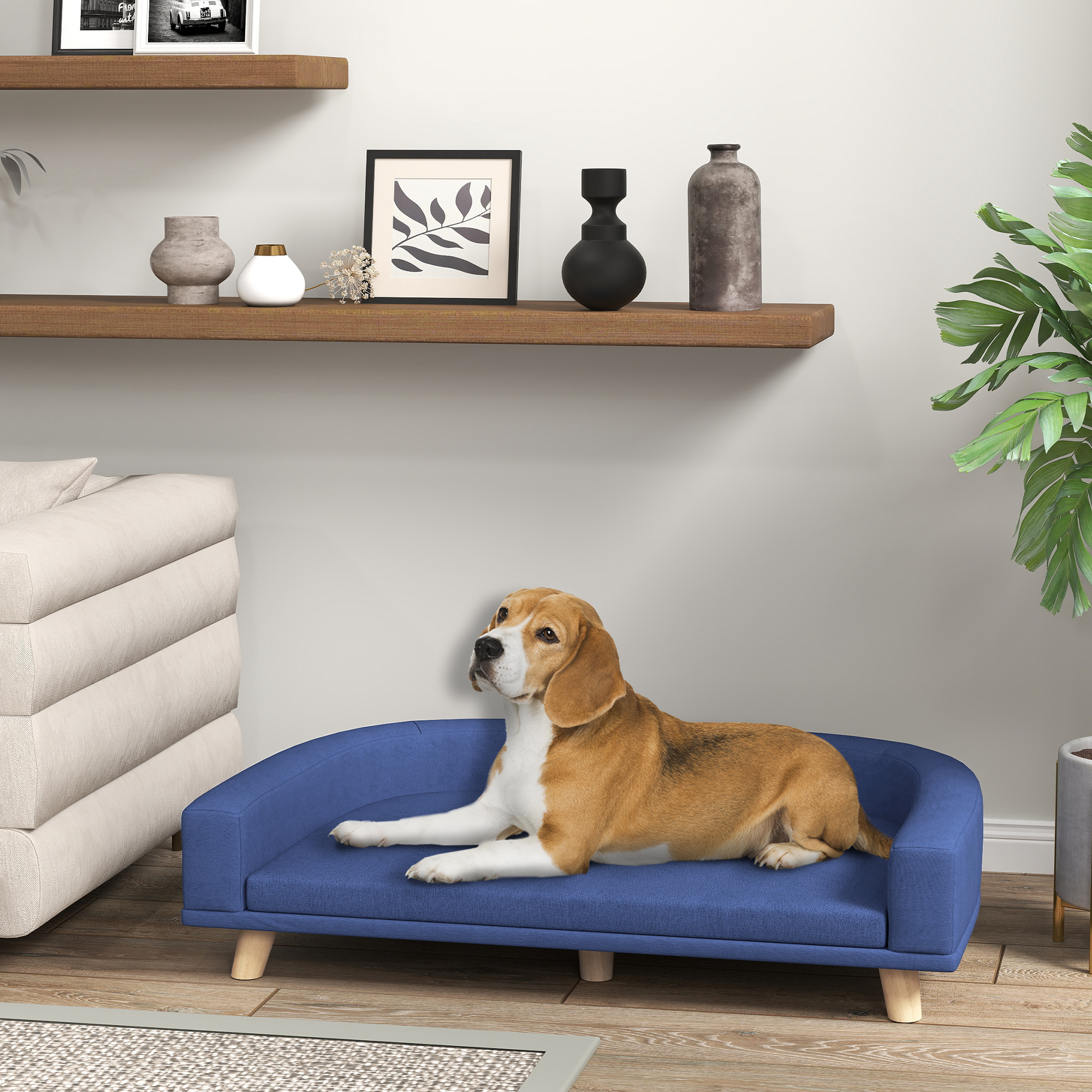 Hundebett Hundesofa Haustiersofa, Eukolyptusholz, 98 x 67 x 25 cm, Blau