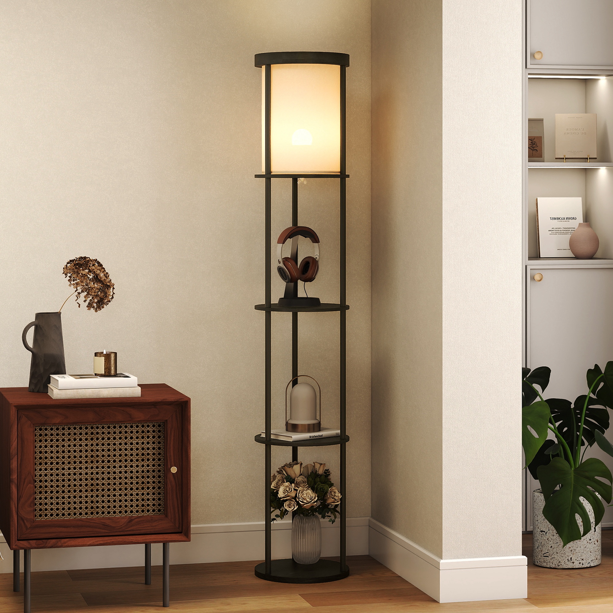 Stehlampe mit 3 Regalen, rundes Design, Fernbedienung, Fußschalter, verstellbare Lichtwärme, für Wohnzimmer, Schwarz