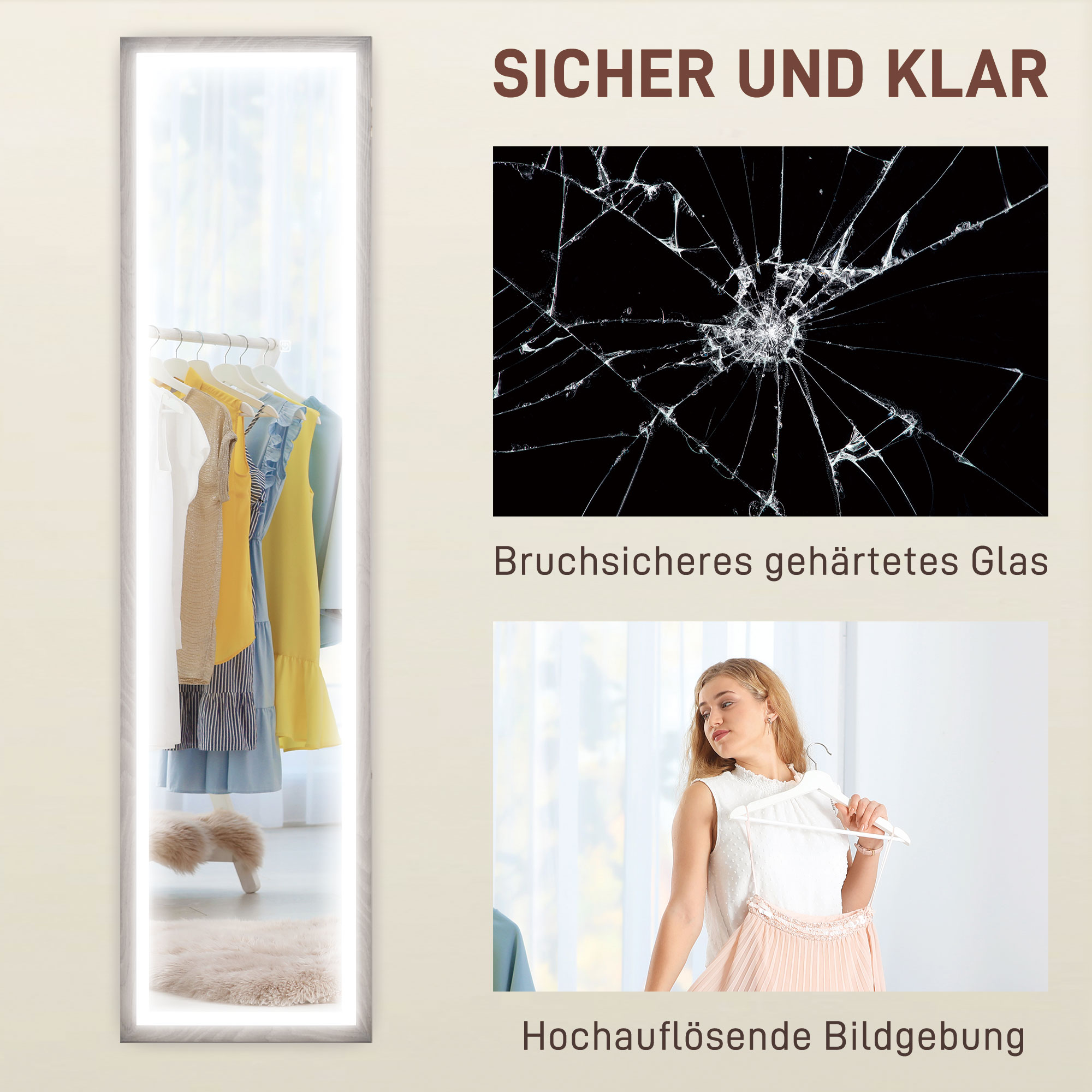 LED Ganzkörperspiegel, 40 x 160 cm, Touch-Steuerung, dimmbar, 3 Farben,  Grau