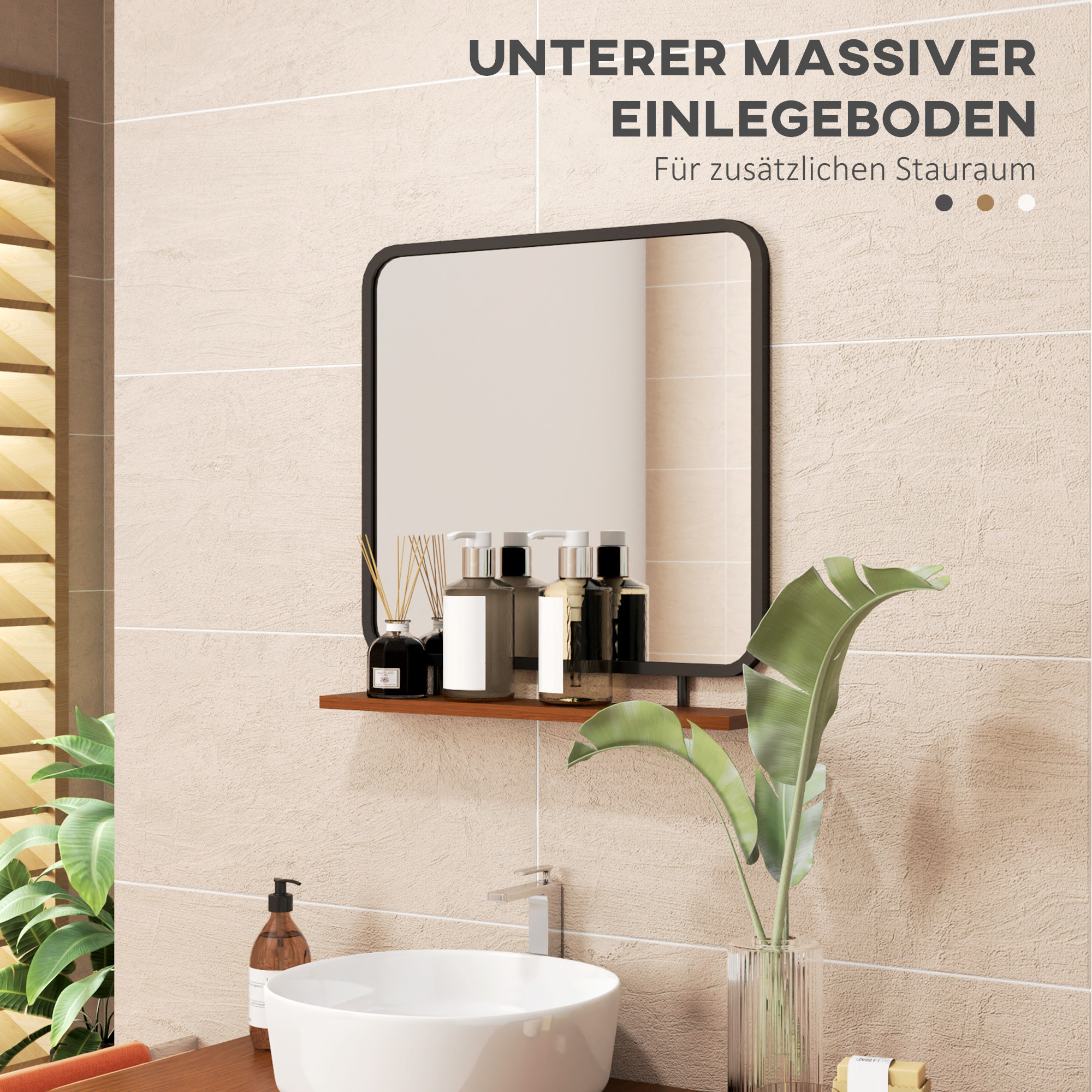 Wandspiegel mit Ablage, Vintage-Design, Metallrahmen, Paulownia-Holz, 55 x 55,5 cm, Schwarz/Holz