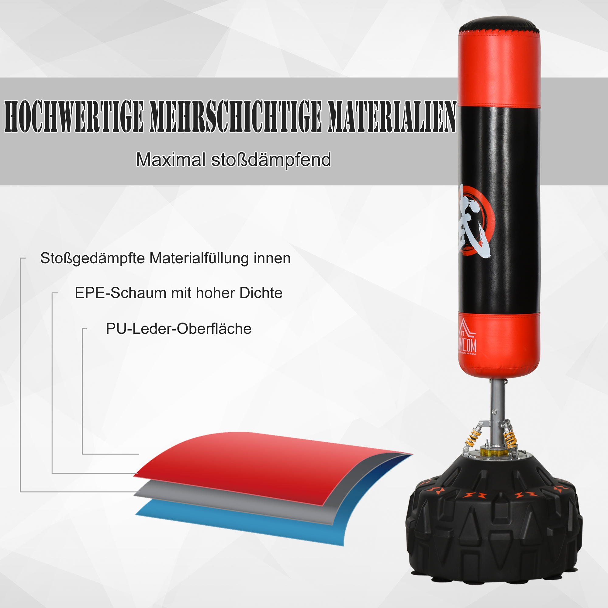 Standboxsack Erwachsene Freistehender Boxtrainingsgerät Boxpartner Boxassistent Training mit Saugfuß Schwarz+Rot 60x60x180 cm