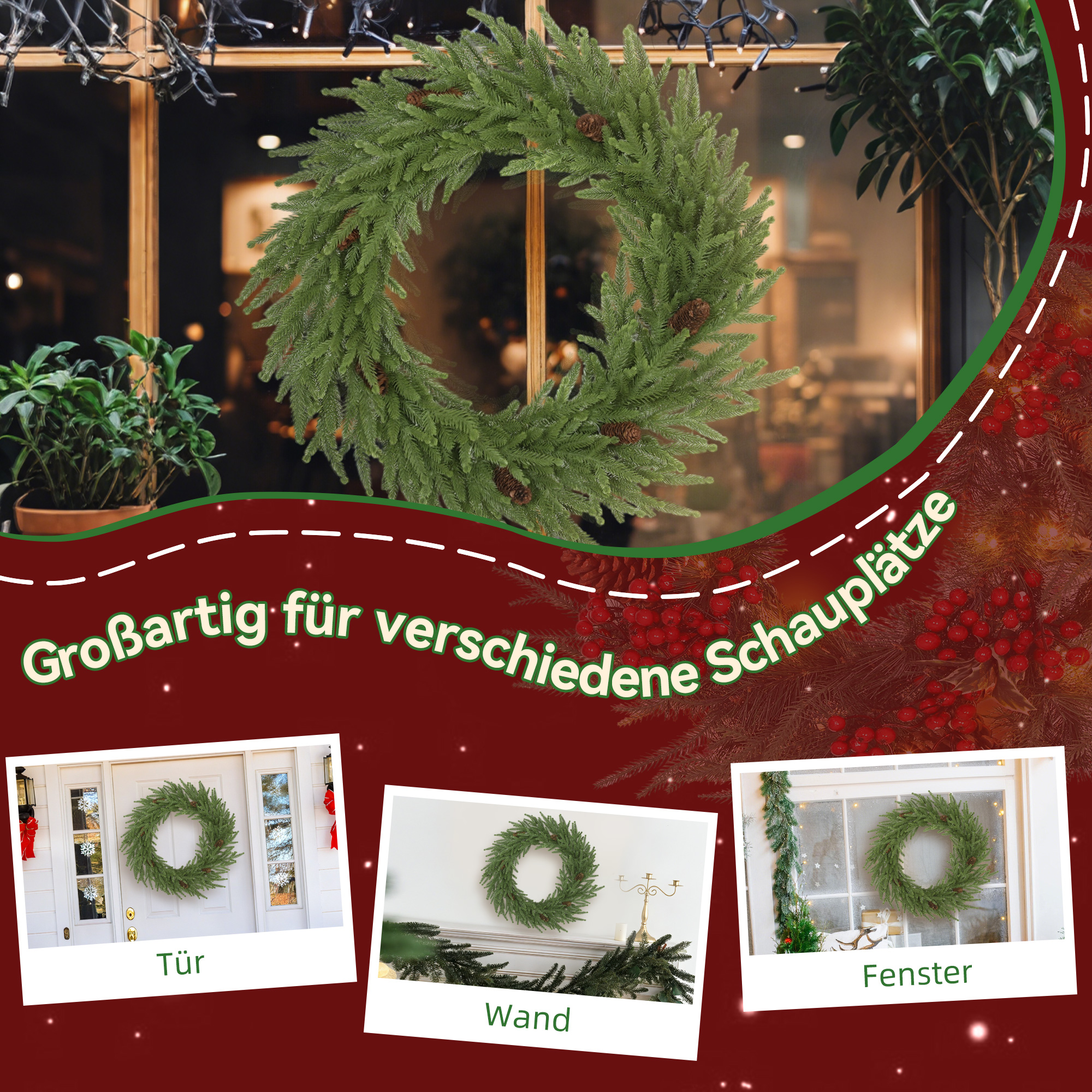 Weihnachtskranz mit Zapfen, Türkranz Künstlicher Weihnachtskranz für Tür Grün, Ø60 x 15 cm