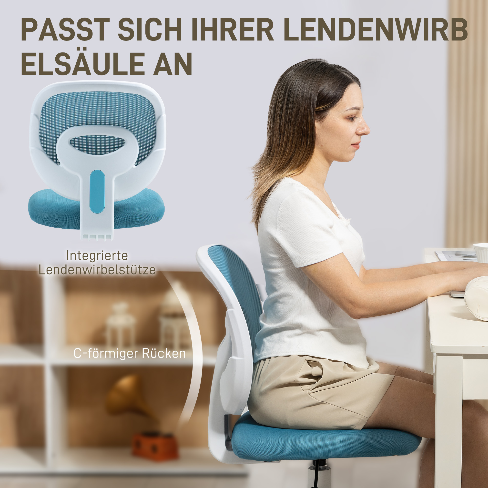 Bürostuhl Ergonomischer Schreibtischstuhl mit C-förmiger Rückenstütze, Höhenverstellbar Blau