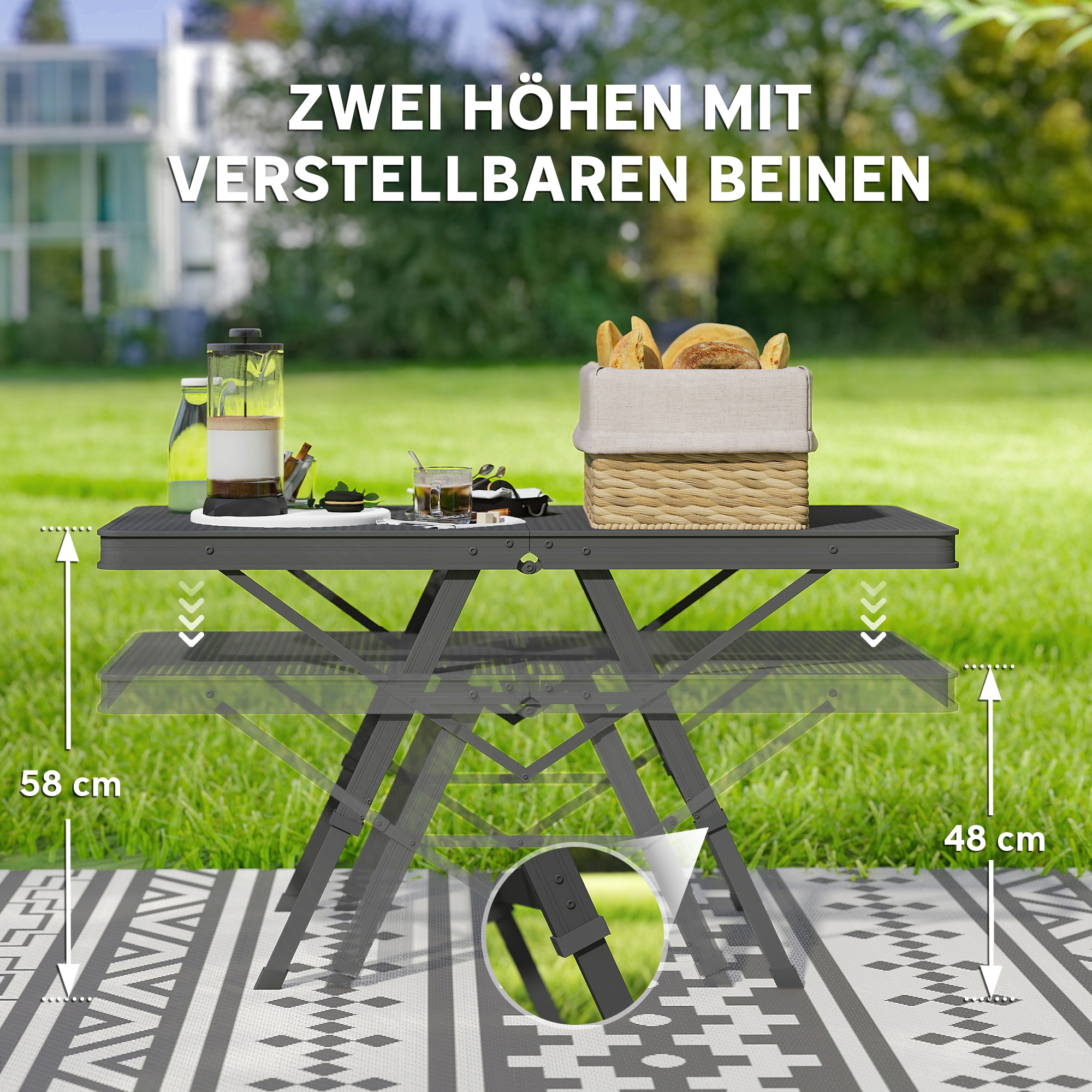 Campingtisch höhenverstellbar Klapptisch mit Metallgitter Klappbar aus Aluminium