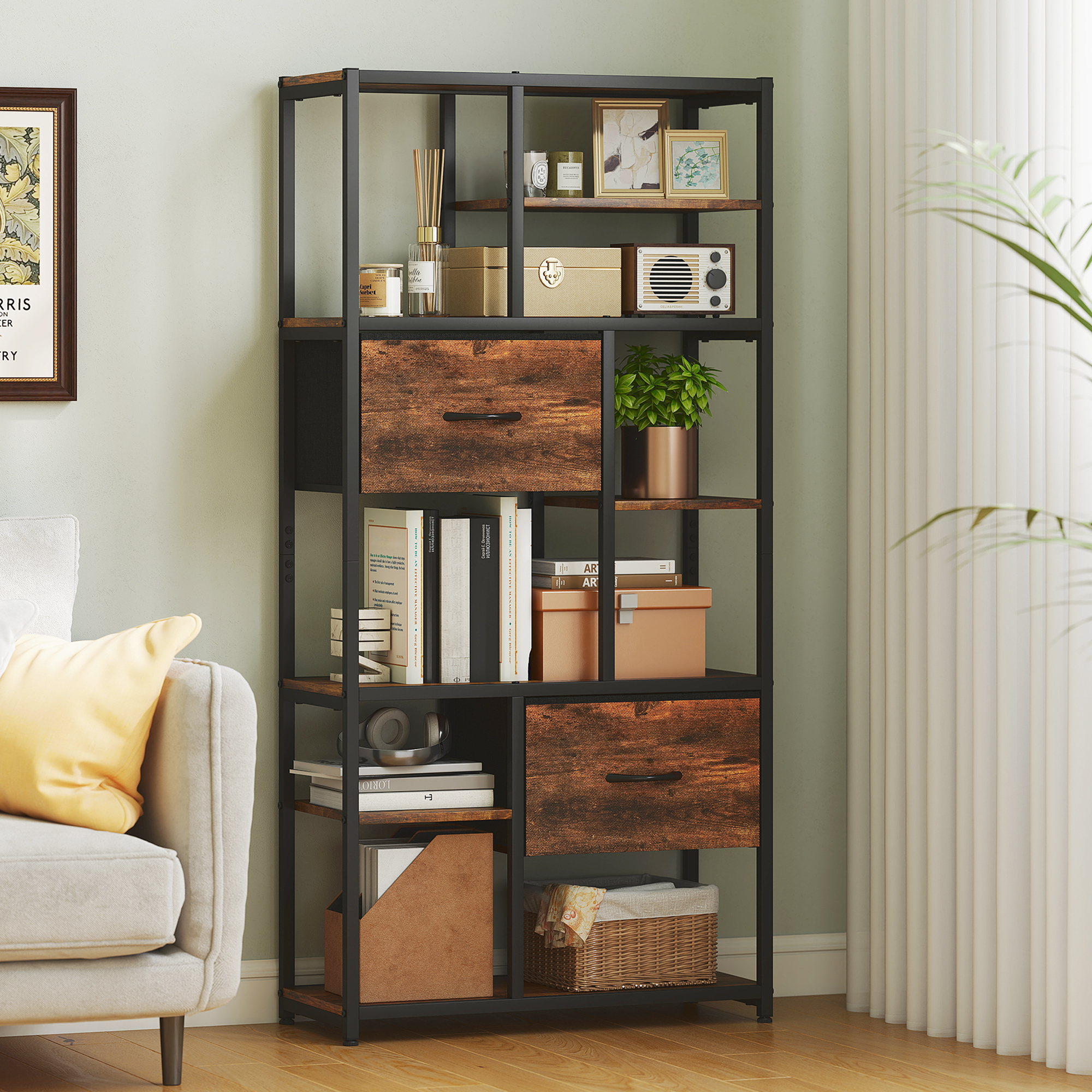 Aufbewahrungsregal, 2 Stoffschubladen, 9 offene Fächer, freistehendes Regal mit Stahlrahmen, Braun+Schwarz