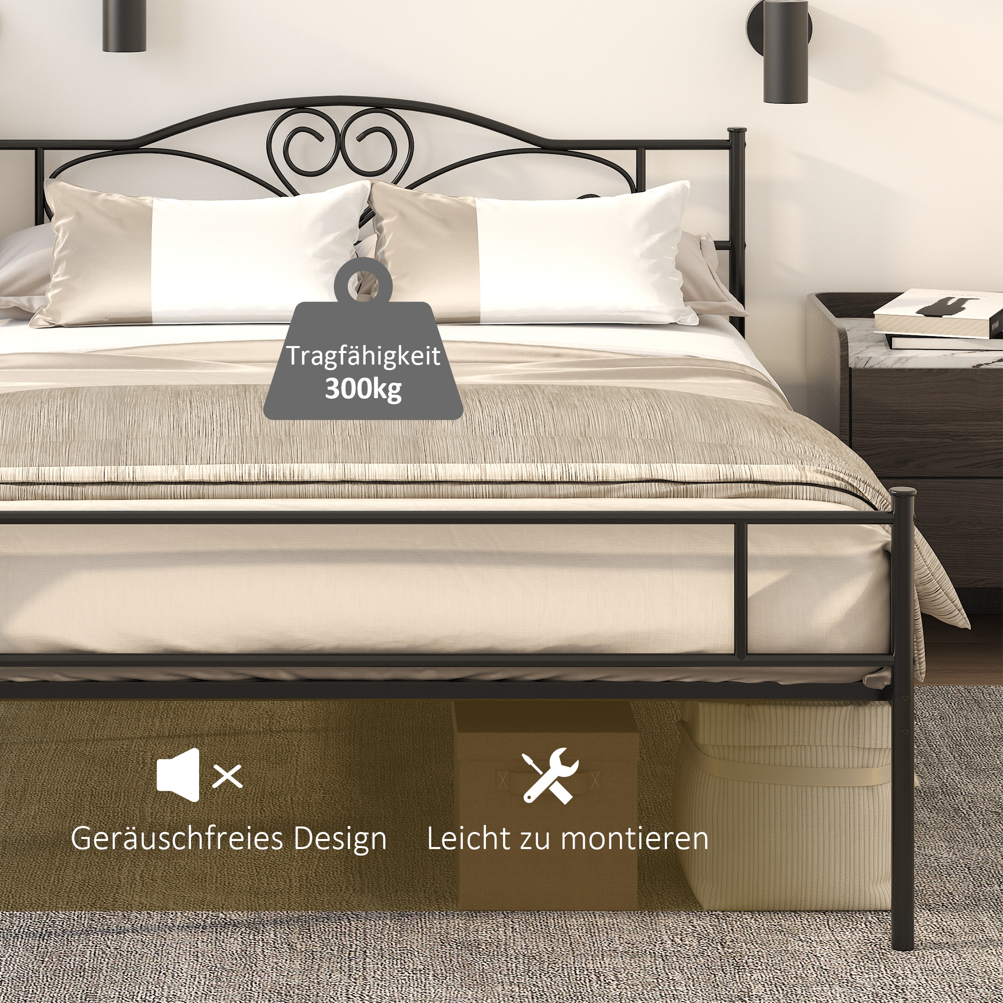 Bettgestell aus Metall mit Kopfteil, 300 kg Belastbarkeit, 145L x 211B x 106H cm, Schwarz
