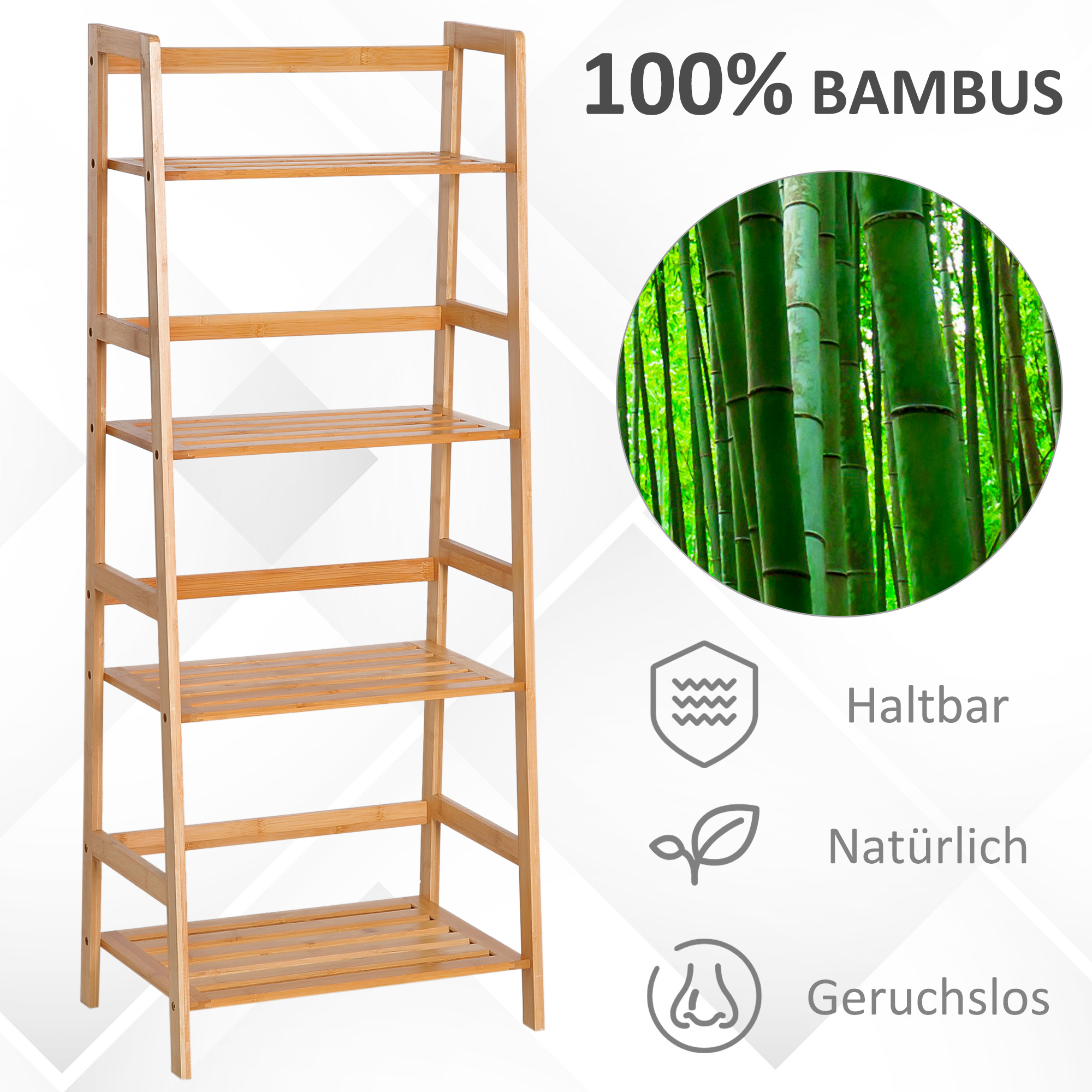 Bücherregal, 4 Ebenen, Leiterdesign, Bambusholz, Natur
