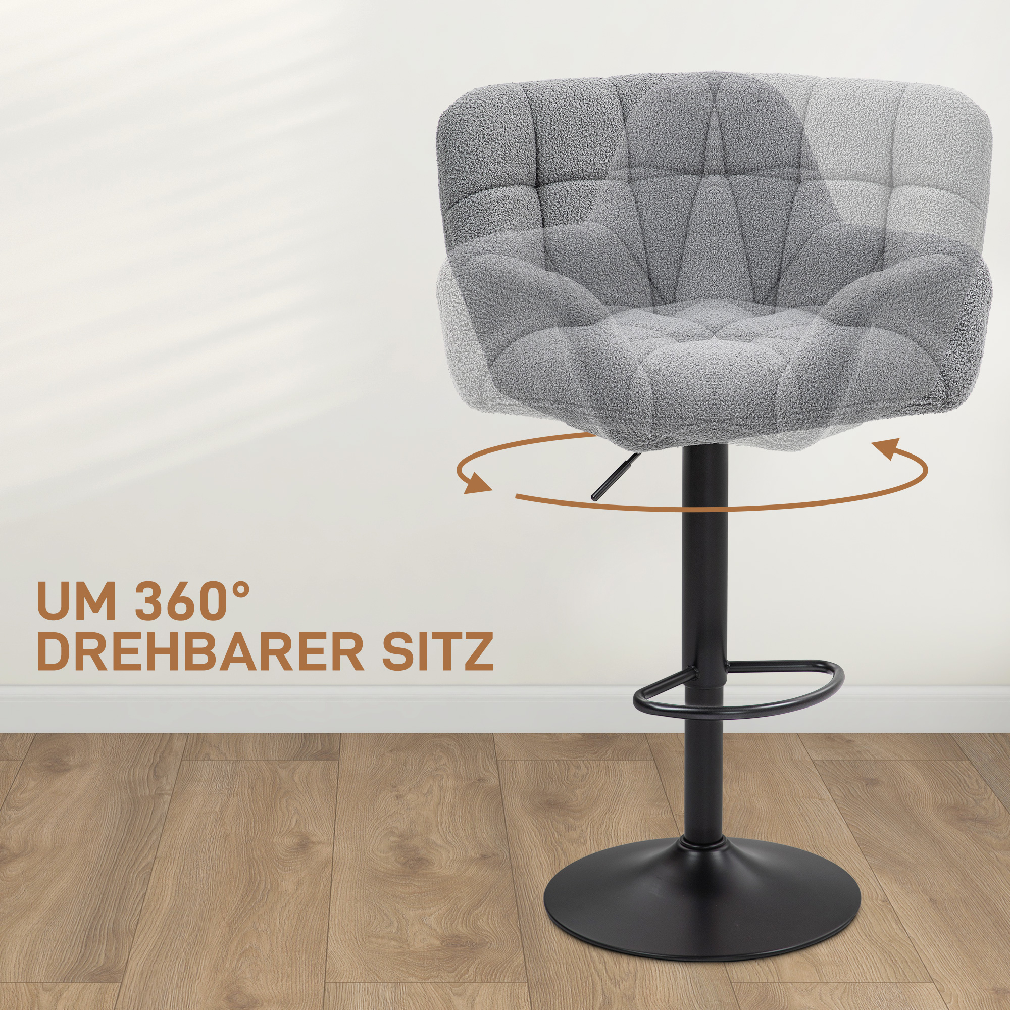 Barhocker 2er-Set Retro-Design höhenverstellbar Fleece-Optik Grau + Schwarz