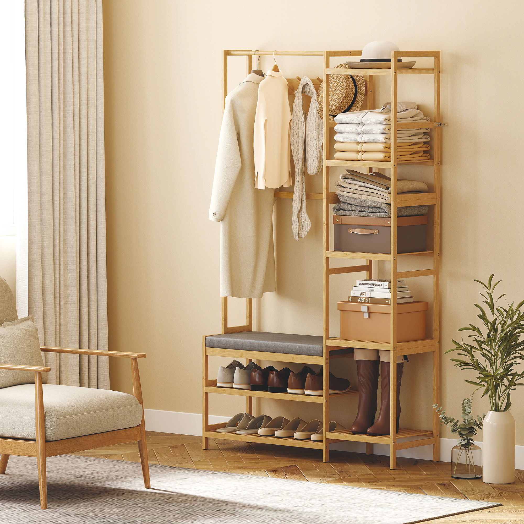 Garderobenständer mit Schuhregal, Kleiderhaken, Mantelständer, Sitzbank mit Kissen, für Flur, Eingangsbereich, Naturholz