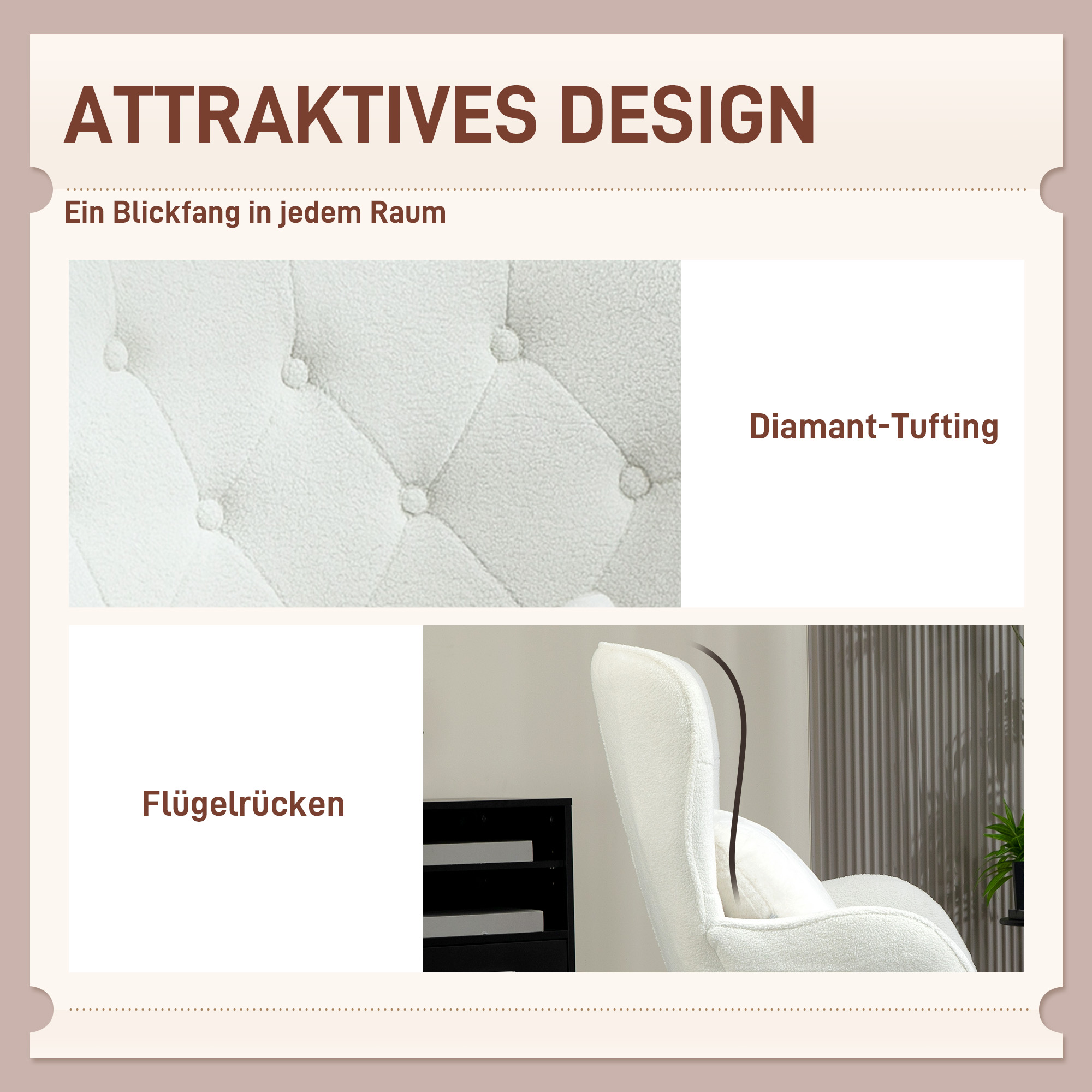 Polstersessel mit Rautensteppung, Bezug aus Teddystoff, mit Dekokissen, 88 x 75 x 106 cm, Weiß