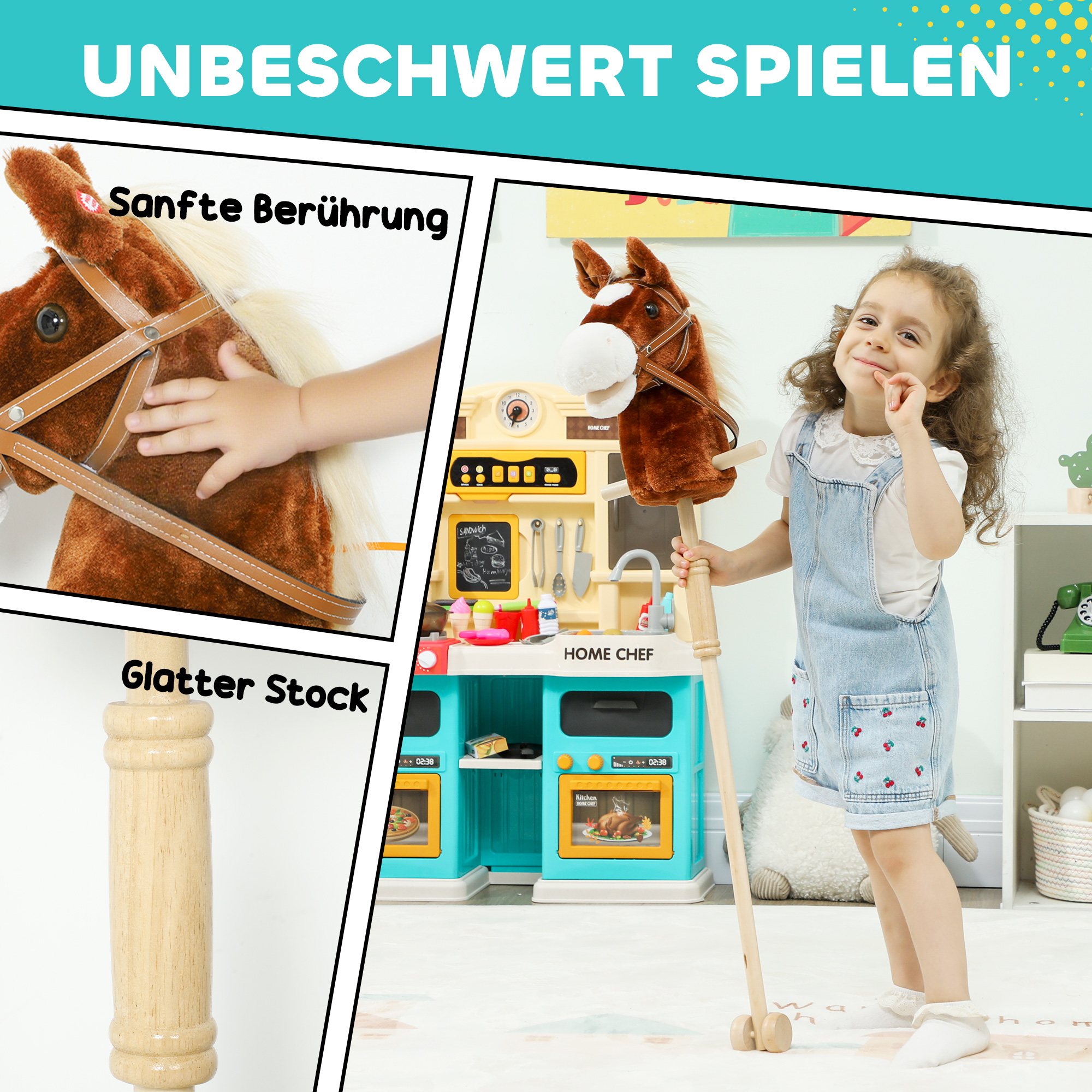 Steckenpferd Kinder Steckenpferde mit Sound, Griffe, Rolle, Stockpferd zum Reiten für Kinder 24+ Monate, Braun