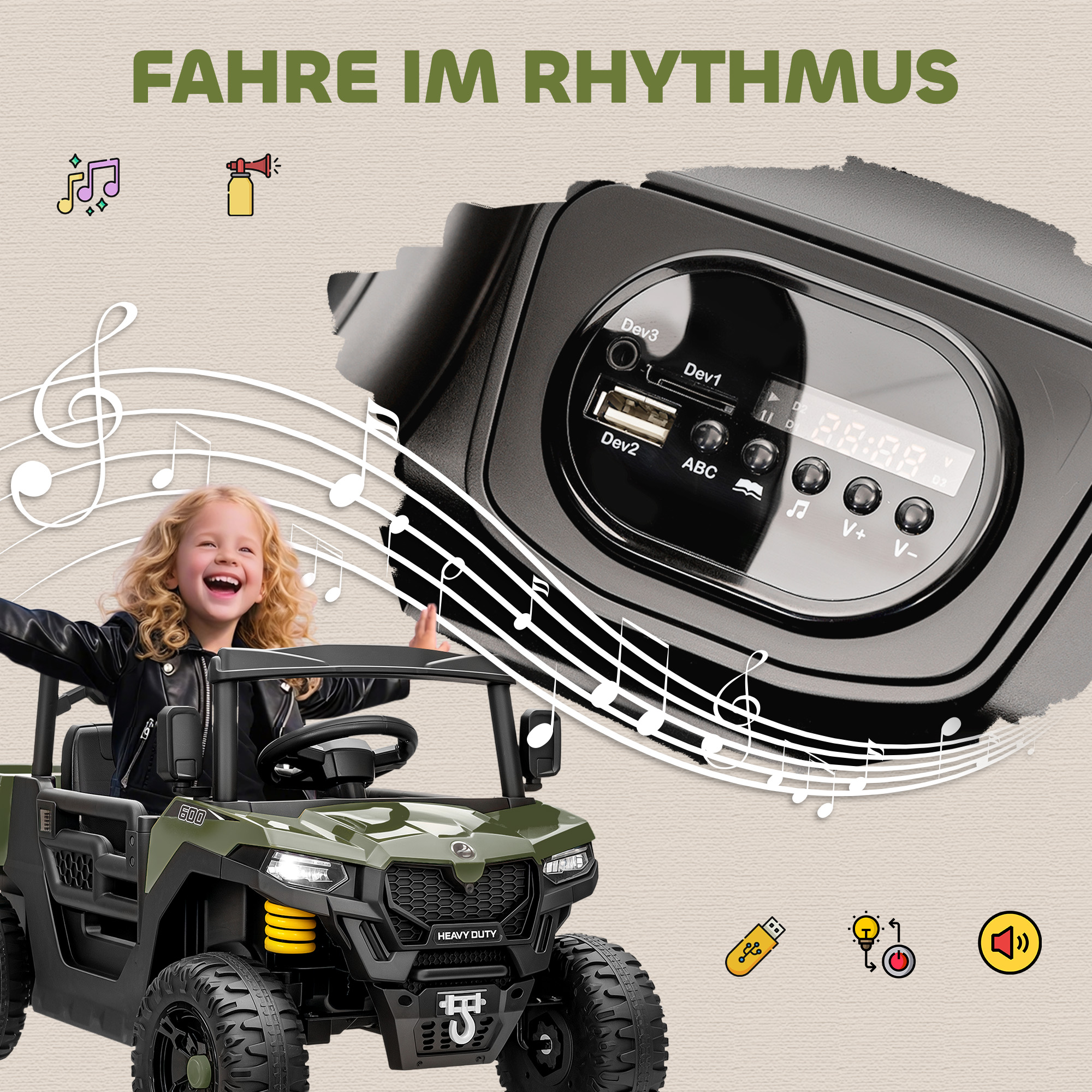 Elektrofahrzeug, 2 Motoren, Kofferraum, UTV-Design, Musikfunktion, Grün