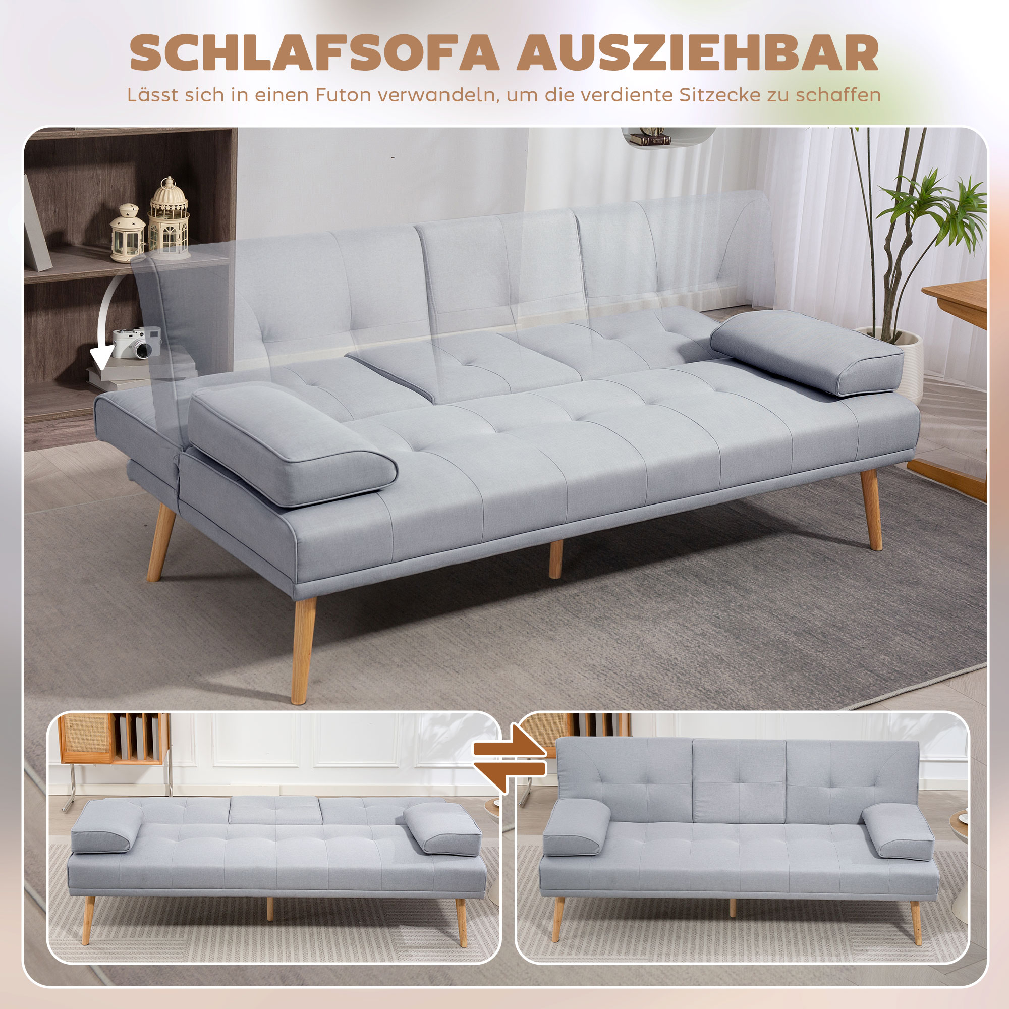 Schlafsofa, 3-Sitzer-Sofa, Bettsofa mit Klappbarem Tisch, Stoffsofa mit Leinenoptik, Schlafcouch mit Becherhalter, im Skandi-Design, bis 250 kg Belastbar, Hellgrau