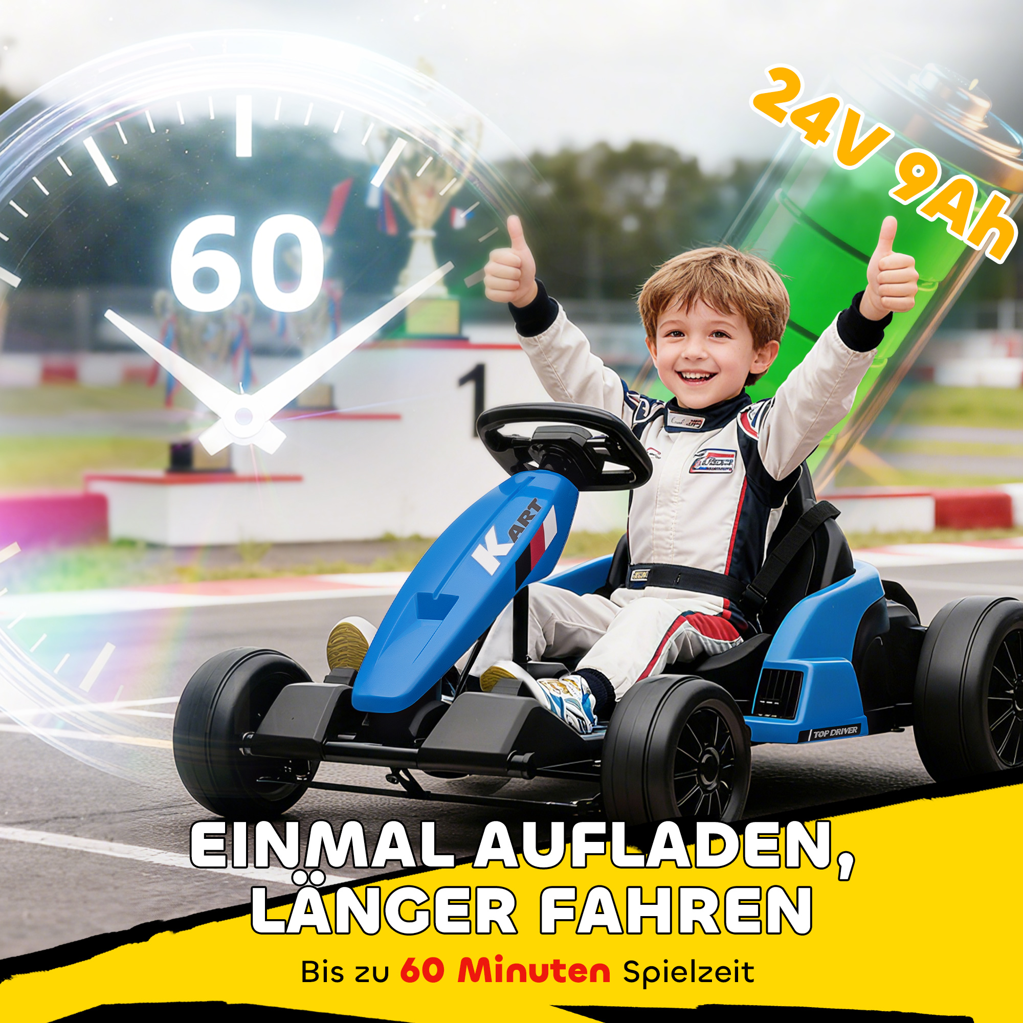 24V elektrisches Go-Kart, Drift-Modus, verstellbarer Sitz, 5-Punkt-Sicherheitsgurt, Musikfunktion, Hupe, 6-12 Jahre Blau